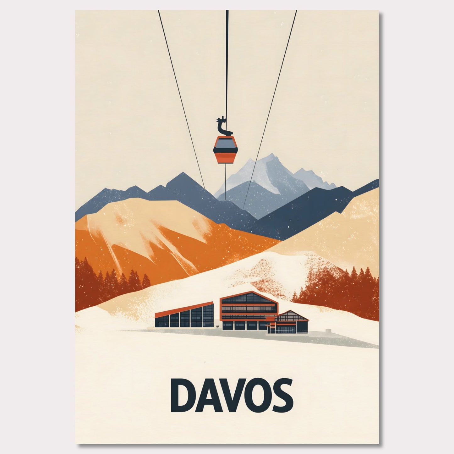 A stunning visual of a winter resort in Davos, nestled among snow-covered mountains. A cable car ascends above, symbolizing the excitement of skiing and high-altitude adventures.