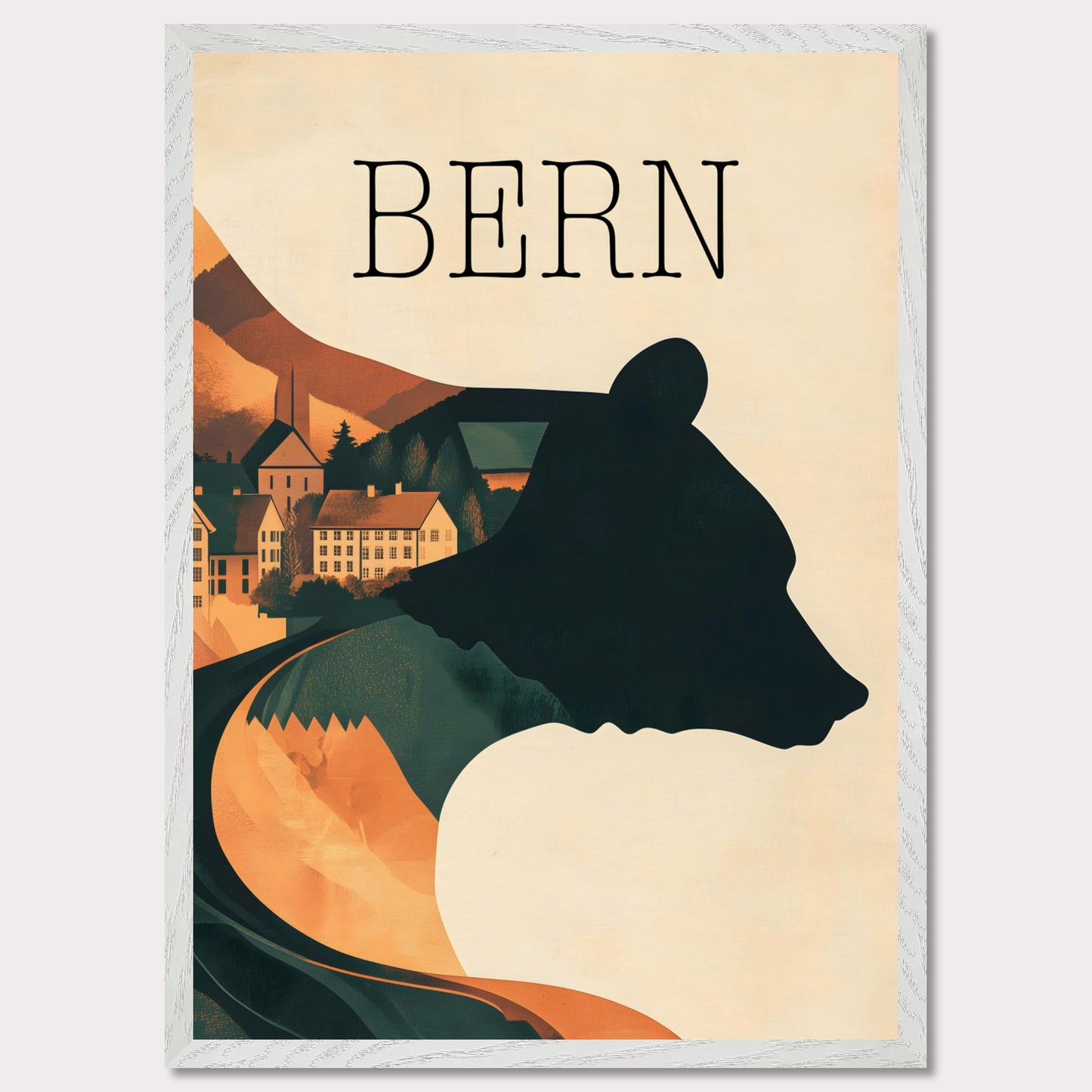 This minimalist travel poster captures the essence of Bern, Switzerland, with a flowing river winding through the city's historic heart. The design highlights the city's iconic medieval architecture, framed by the serene natural surroundings. The soft, muted tones evoke a sense of nostalgia and tranquility, making it a perfect representation of Bern’s timeless beauty.