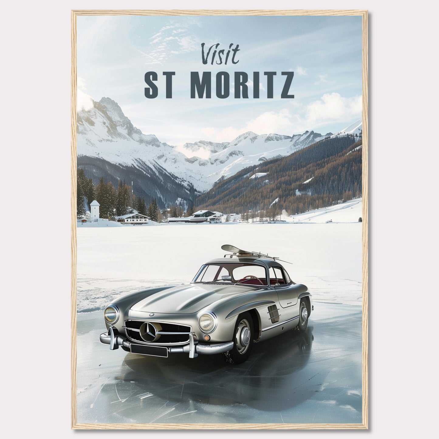 Discover the breathtaking beauty of St. Moritz with this stunning poster. Featuring a classic silver car parked on a frozen lake, surrounded by majestic snow-capped mountains and cozy alpine chalets.