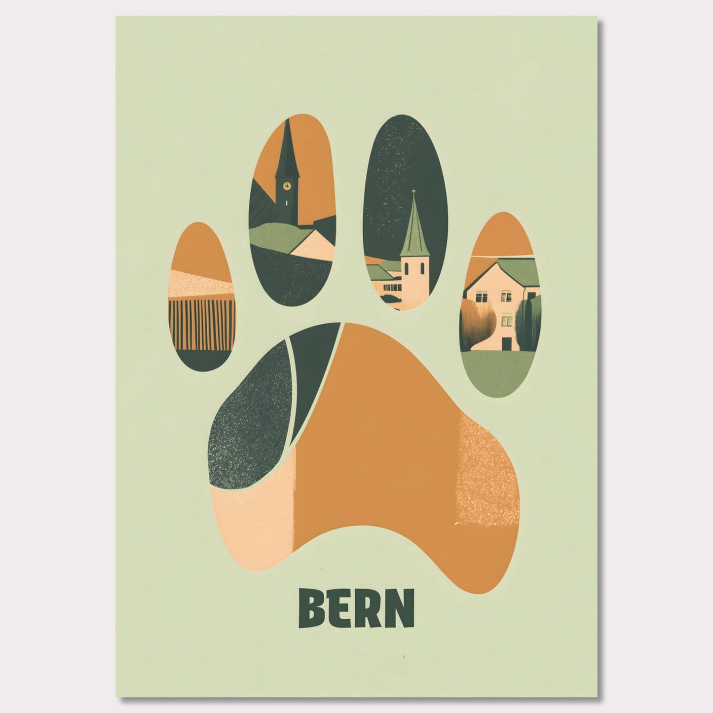 This unique poster blends the charm of Bern’s architecture with the city’s symbolic bear in an abstract, paw-print design. The warm earth tones and clean lines create a harmonious balance between modern minimalism and historical elements.