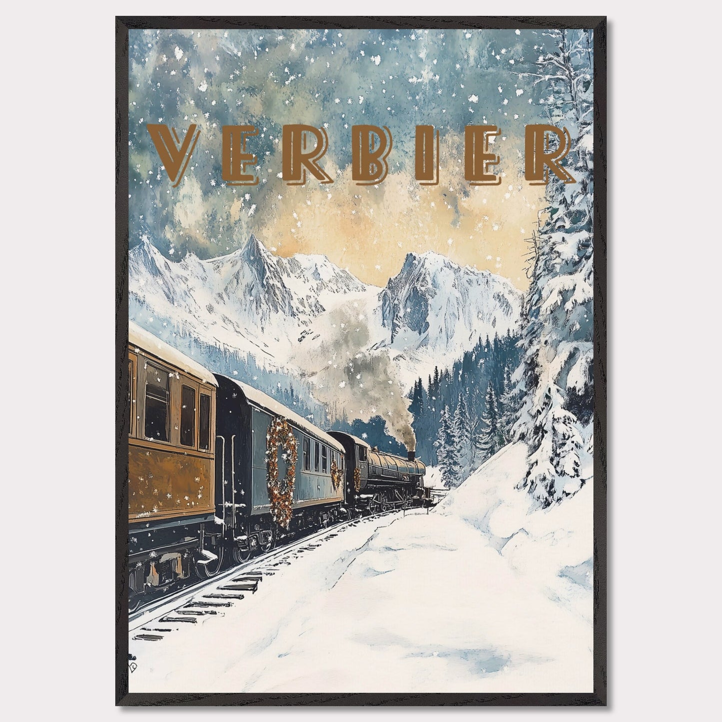 This enchanting winter poster showcases a vintage steam train winding through the snow-covered landscapes of Verbier. The train, adorned with festive wreaths, travels against a backdrop of majestic alpine peaks, tall evergreen trees, and a serene winter sky with softly falling snowflakes. The golden light filtering through the clouds adds a warm, nostalgic glow to the scene, evoking the magic of winter travel.