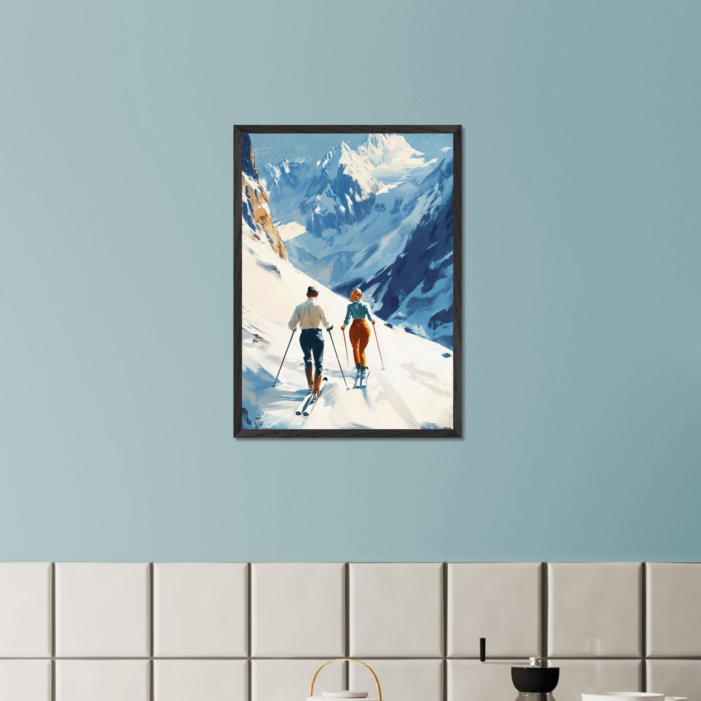 This retro poster captures the elegance and adventure of alpine skiing in Switzerland, circa 1960. Two fashionable skiers glide down the pristine snow with majestic mountains towering in the background. The vibrant colors of their outfits contrast beautifully against the white landscape, while the bold lettering emphasizes the stylish allure of alpine sports.