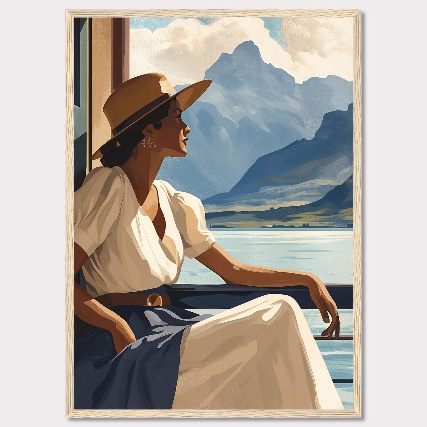 This captivating artwork features a serene woman in a white dress and wide-brimmed hat, gazing out at a tranquil lake with majestic mountains in the background. The scene evokes a sense of peace and contemplation, inviting viewers to pause and appreciate the beauty of nature.