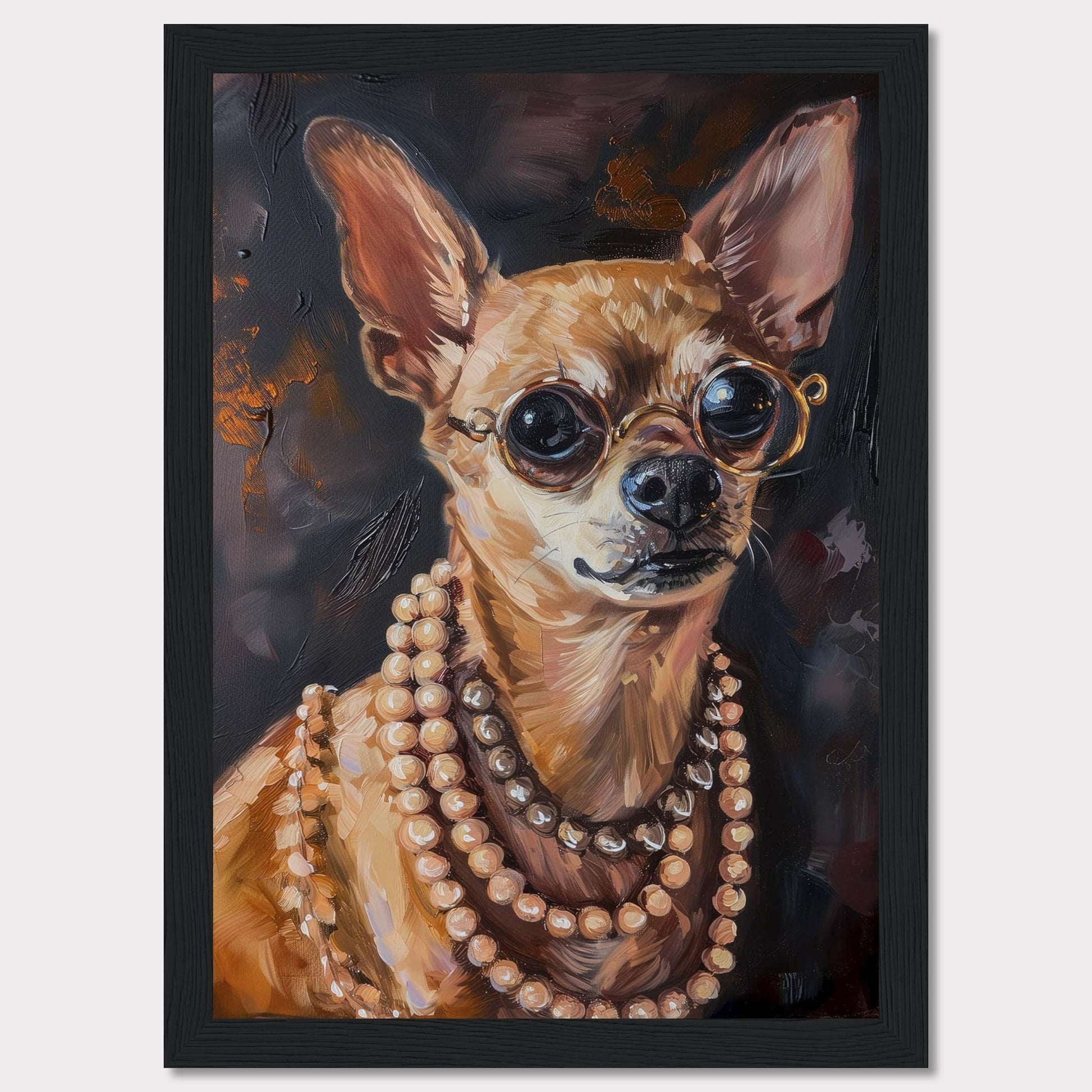 This captivating artwork features a stylish Chihuahua wearing round glasses and multiple strands of pearls. The painting exudes elegance and charm, making it a perfect statement piece for any room.