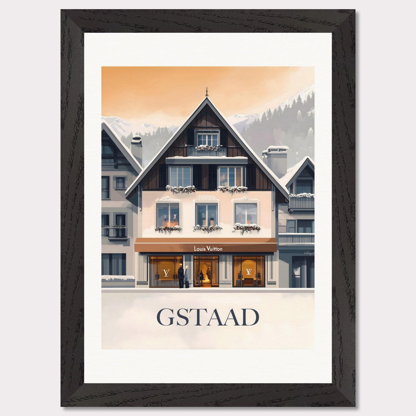 A chic and stylish poster showcasing a luxury boutique in Gstaad, framed by elegant alpine architecture. The blend of modern sophistication and traditional Swiss charm creates a timeless appeal.