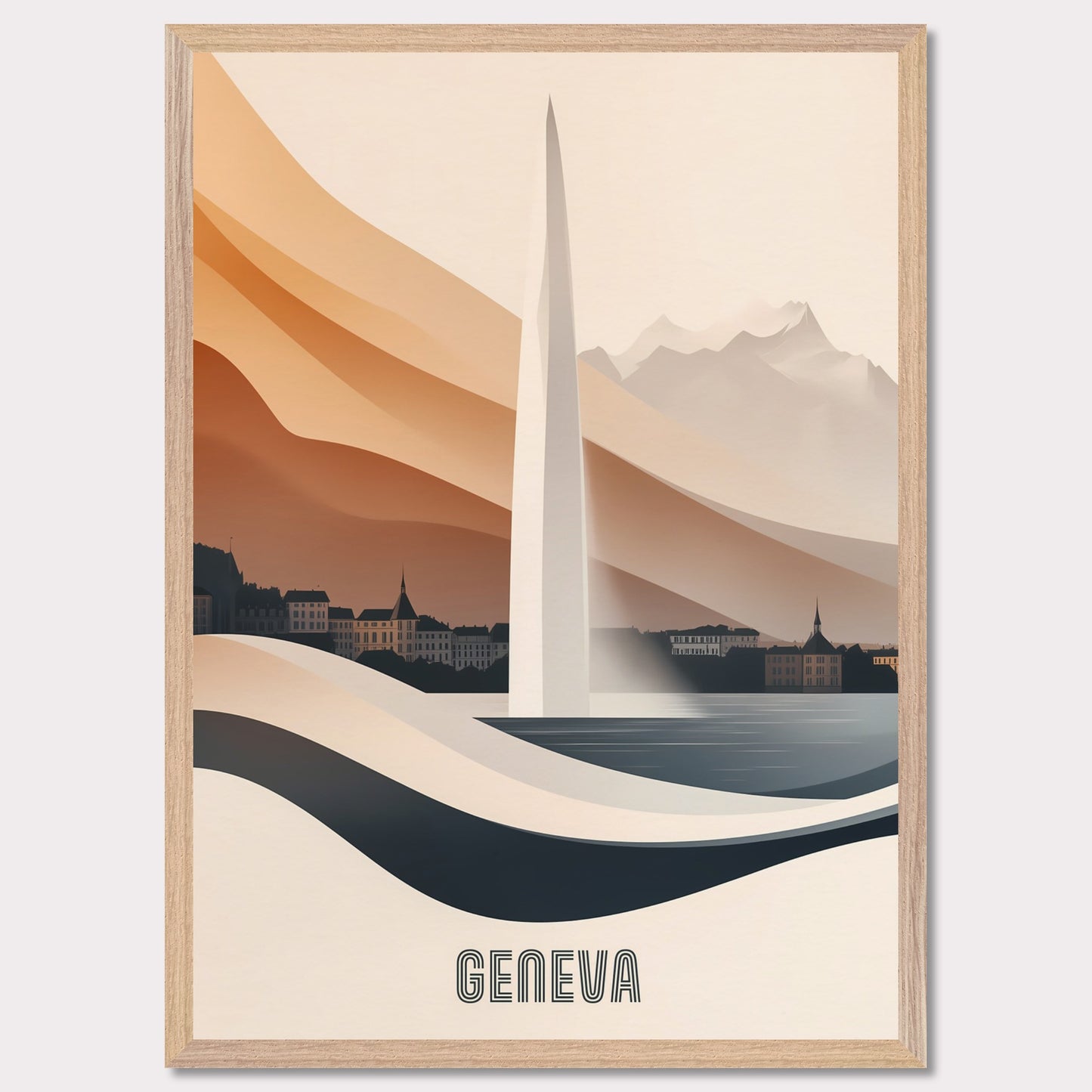 A modern and elegant poster of Geneva’s famous Jet d’Eau fountain, seamlessly blending into the landscape. Smooth curves and warm hues create a sense of fluidity and movement.