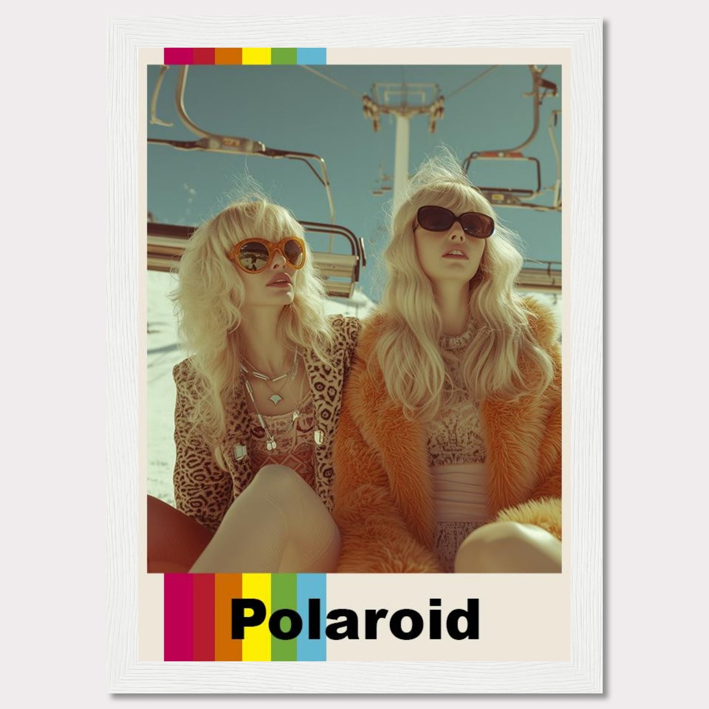 This vibrant Polaroid poster captures two stylish women wearing retro outfits and sunglasses, enjoying a sunny day on a ski lift.