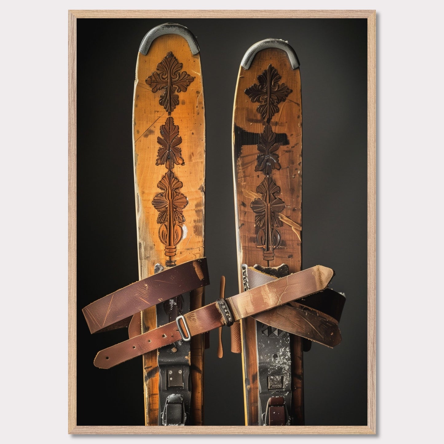 Immerse yourself in the nostalgia of winter sports with this captivating image of vintage wooden skis. These beautifully crafted skis feature intricate carvings and sturdy leather bindings, showcasing the elegance and durability of traditional ski equipment. The worn texture tells a story of countless adventures on snowy slopes. Perfect for ski enthusiasts and lovers of vintage decor alike.