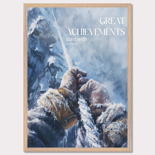 This motivational poster depicts a climber's hands gripping a rope, surrounded by a snowy and icy mountain landscape. The text on the poster reads: "GREAT ACHIEVEMENTS start with small steps."