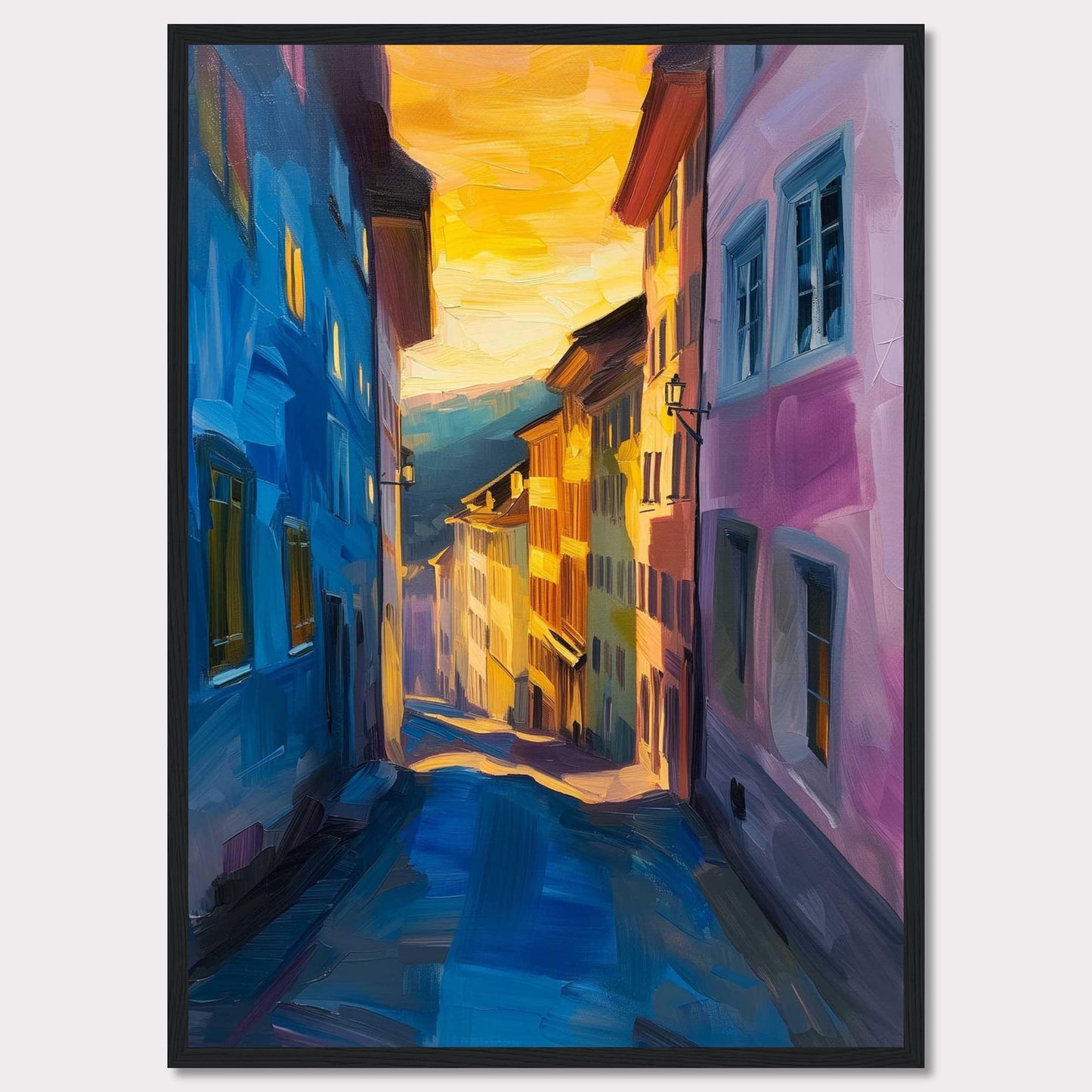 This vibrant painting captures a charming street scene bathed in the warm glow of a sunset. The artwork features colorful buildings, with hues of blue and pink dominating the foreground, while the background fades into golden tones. The narrow street creates a sense of depth, drawing the viewer's eye towards the distant horizon. The play of light and shadow adds a dynamic and lively feel to the piece.