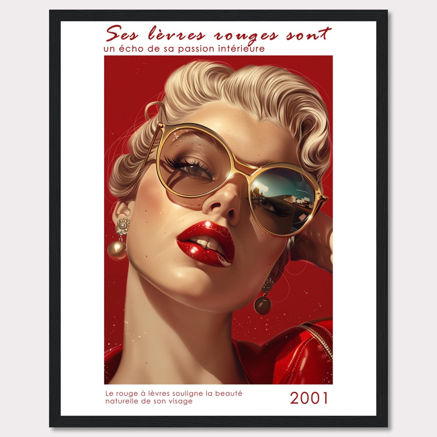 This captivating image features a glamorous woman with bold red lipstick, exuding confidence and allure. Her stylish sunglasses and elegant earrings add to her sophisticated look. The background is a striking red, enhancing the overall intensity of the image.