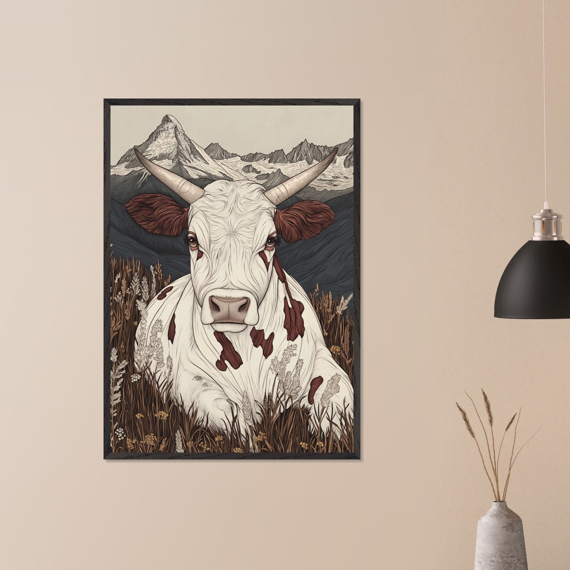 This beautifully detailed poster portrays a tranquil scene of alpine life with a focus on the harmonious connection between nature and animals. A striking cow with intricate features gazes directly at the viewer, creating a sense of intimacy, while the majestic Matterhorn looms in the background. The combination of soft earth tones and delicate linework evokes a rustic yet modern aesthetic.