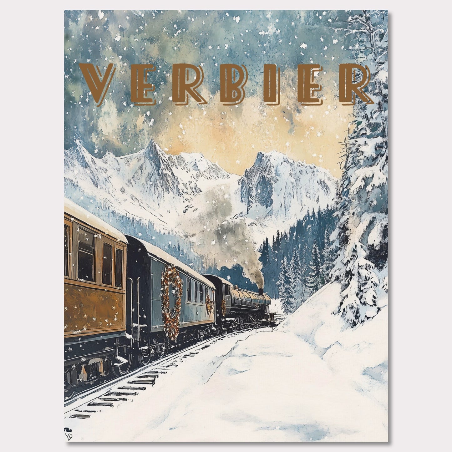 This enchanting winter poster showcases a vintage steam train winding through the snow-covered landscapes of Verbier. The train, adorned with festive wreaths, travels against a backdrop of majestic alpine peaks, tall evergreen trees, and a serene winter sky with softly falling snowflakes. The golden light filtering through the clouds adds a warm, nostalgic glow to the scene, evoking the magic of winter travel.