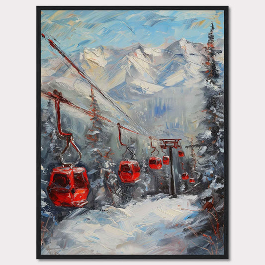 This captivating painting showcases a vibrant winter scene with red cable cars gliding through a snowy mountain landscape.