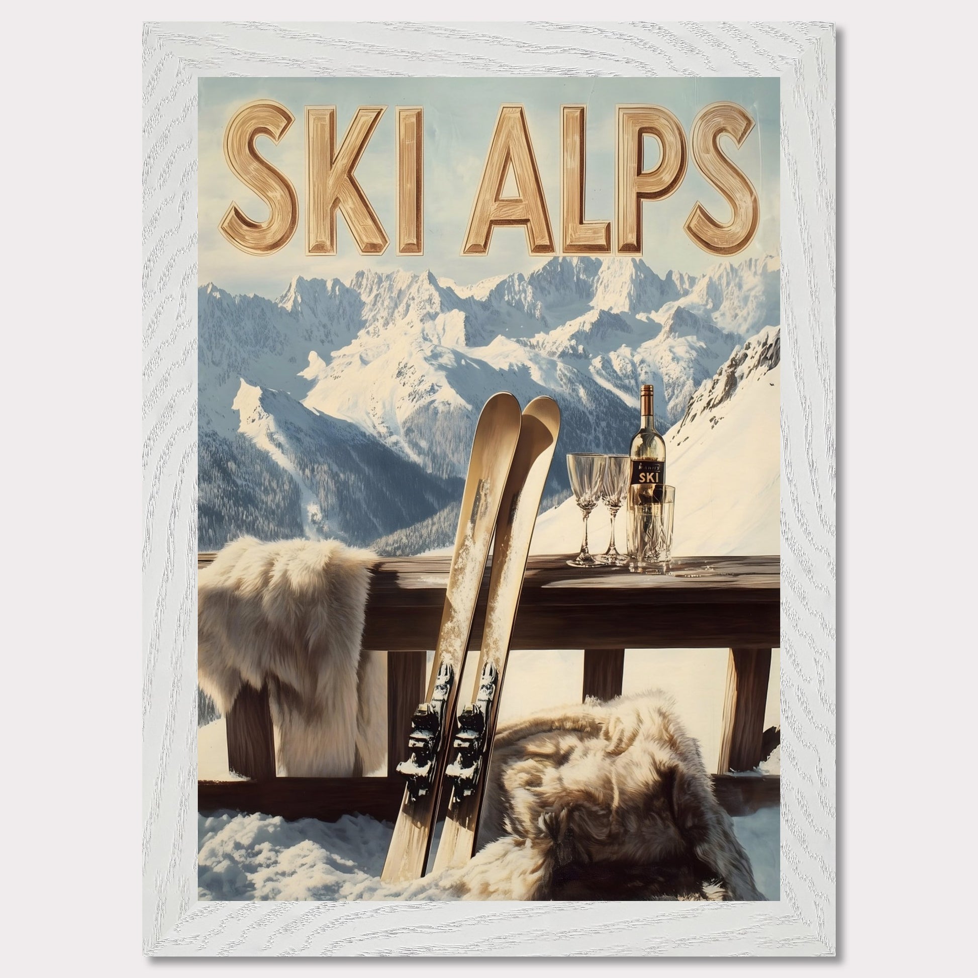 This captivating poster invites you to a serene alpine retreat, where snowy peaks stretch into the horizon. A pair of classic wooden skis leans against a rustic balcony railing, adorned with soft fur for added warmth. A bottle of fine wine and elegant glasses sit atop the table, perfectly complementing the breathtaking mountain backdrop.