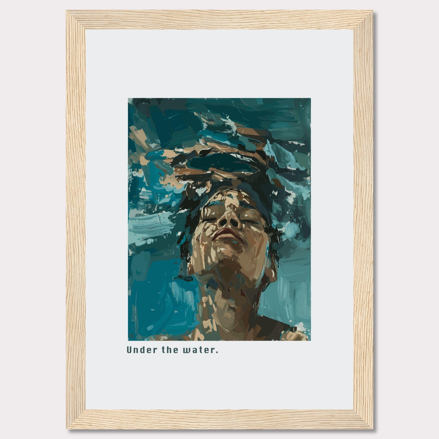 This captivating artwork depicts a serene moment of tranquility and introspection. The image shows a person submerged in water, their face emerging towards the surface, eyes closed in a peaceful expression.