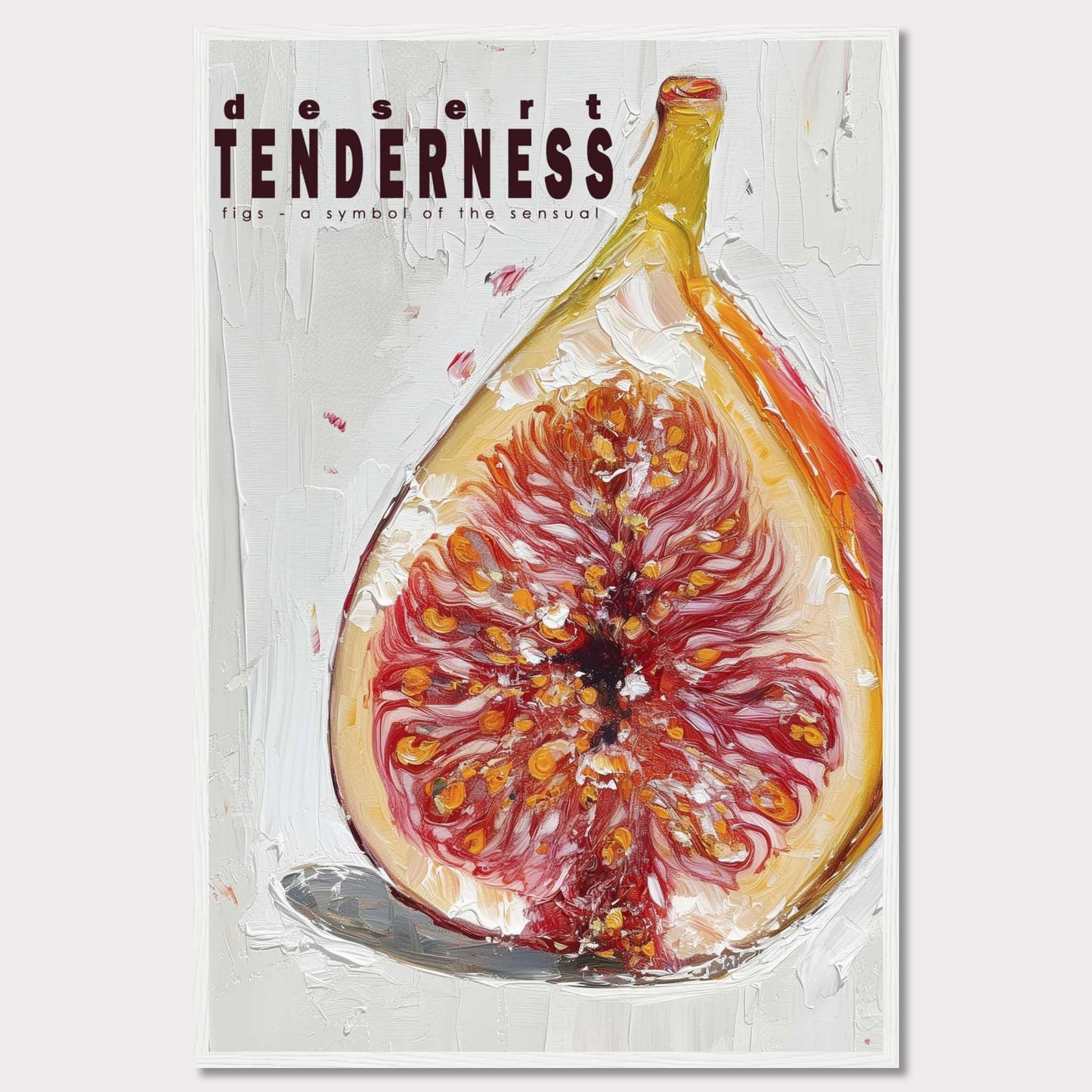 This image features an artistic representation of a fig, emphasizing its rich, sensual qualities. The painting uses bold brushstrokes and vibrant colors to highlight the intricate details of the fruit.