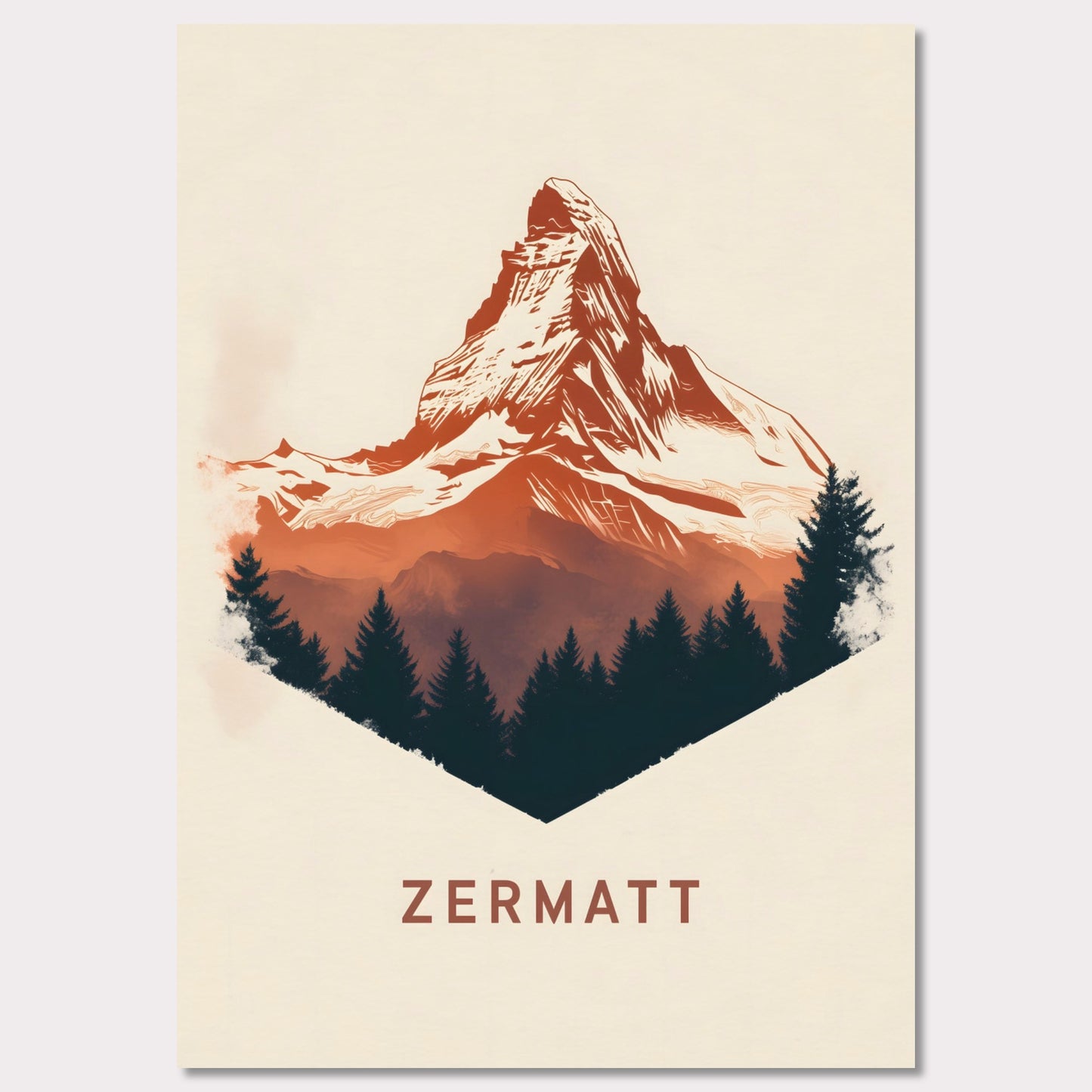 A scenic poster showcasing the breathtaking beauty of Zermatt’s Matterhorn. The rich, painterly textures and natural color palette evoke the serene yet powerful presence of the Alps.