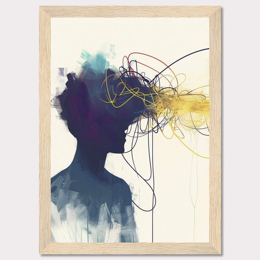 This captivating artwork features the silhouette of a person with an explosion of colorful, tangled lines emanating from their head, representing thoughts and creativity. The abstract design is set against a minimalist background, contrasting the vibrant colors with the dark silhouette.