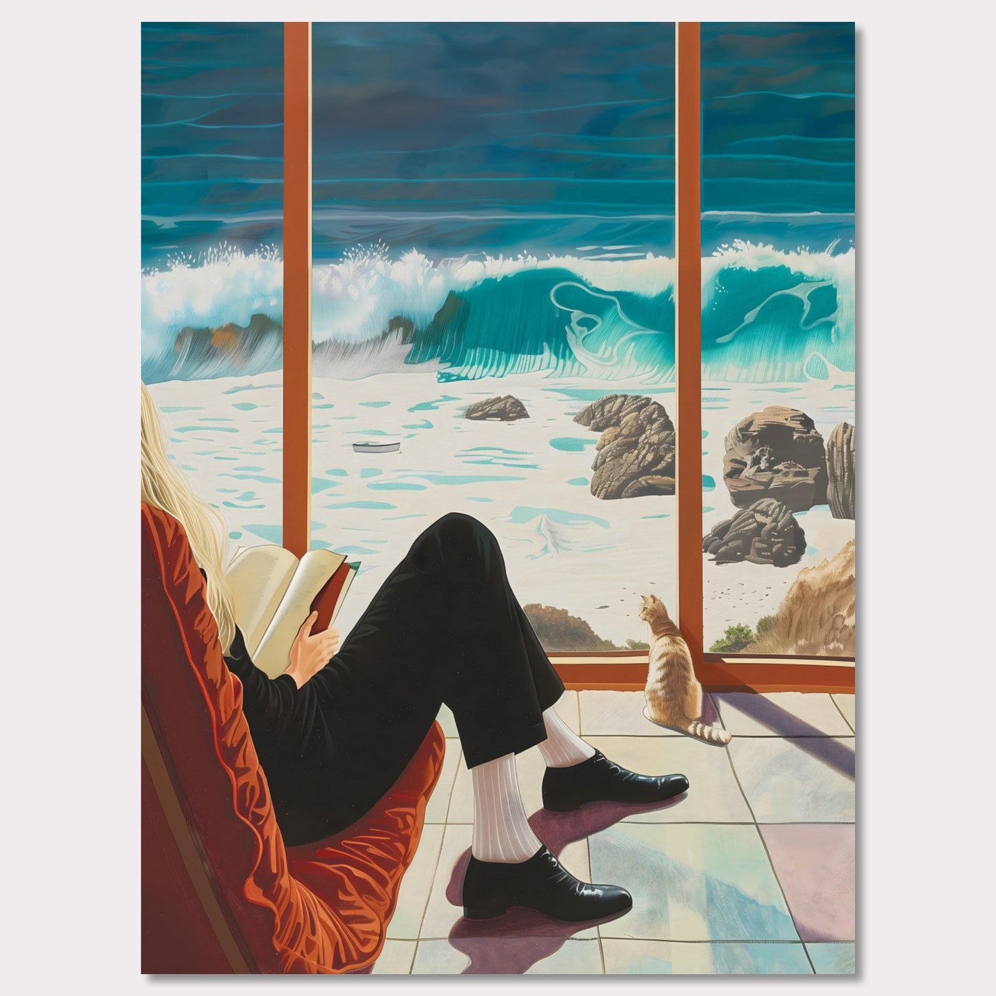 This captivating artwork depicts a serene scene where a person is sitting comfortably by a large window, reading a book. Outside, the ocean waves crash against the rocky shore, creating a mesmerizing view. A cat sits by the window, also gazing at the beautiful seascape.