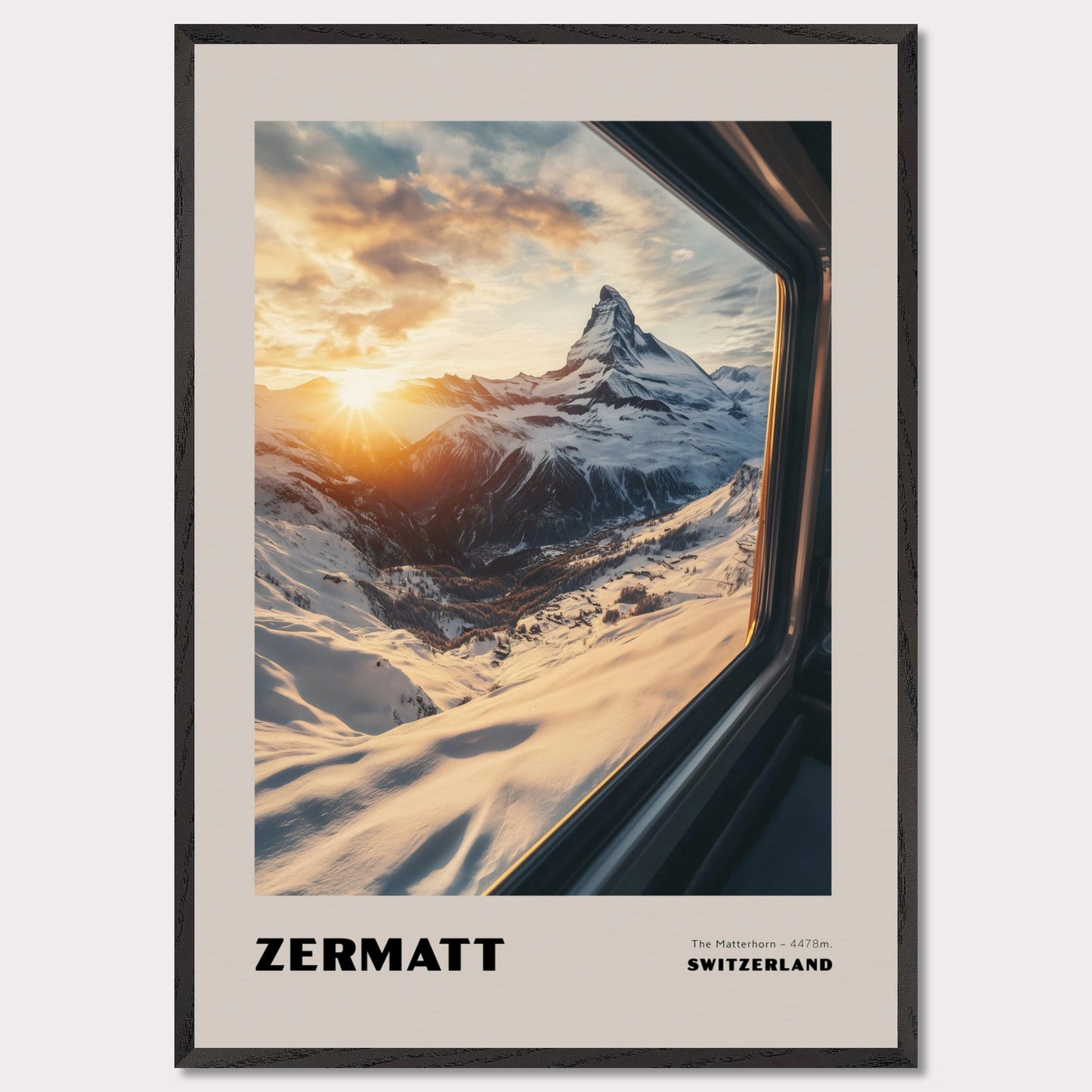 A stunning view of the Matterhorn bathed in golden sunset hues. Towering at 4478 meters, this legendary mountain has always drawn adventurers and travelers. The warm colors of the sunset create an extraordinary atmosphere, while the snow-covered slopes emphasize the purity and majesty of nature.