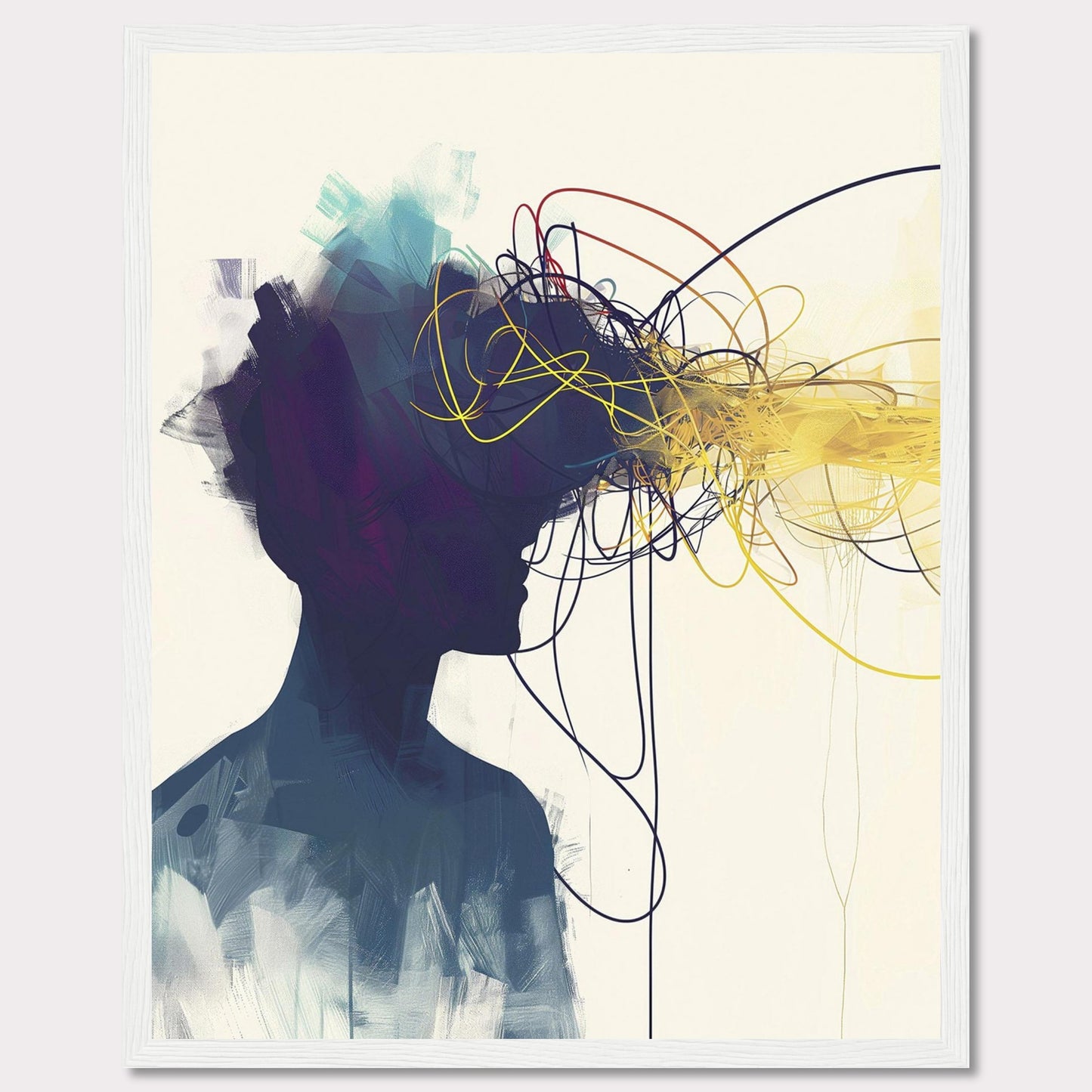 This captivating artwork features the silhouette of a person with an explosion of colorful, tangled lines emanating from their head, representing thoughts and creativity. The abstract design is set against a minimalist background, contrasting the vibrant colors with the dark silhouette.