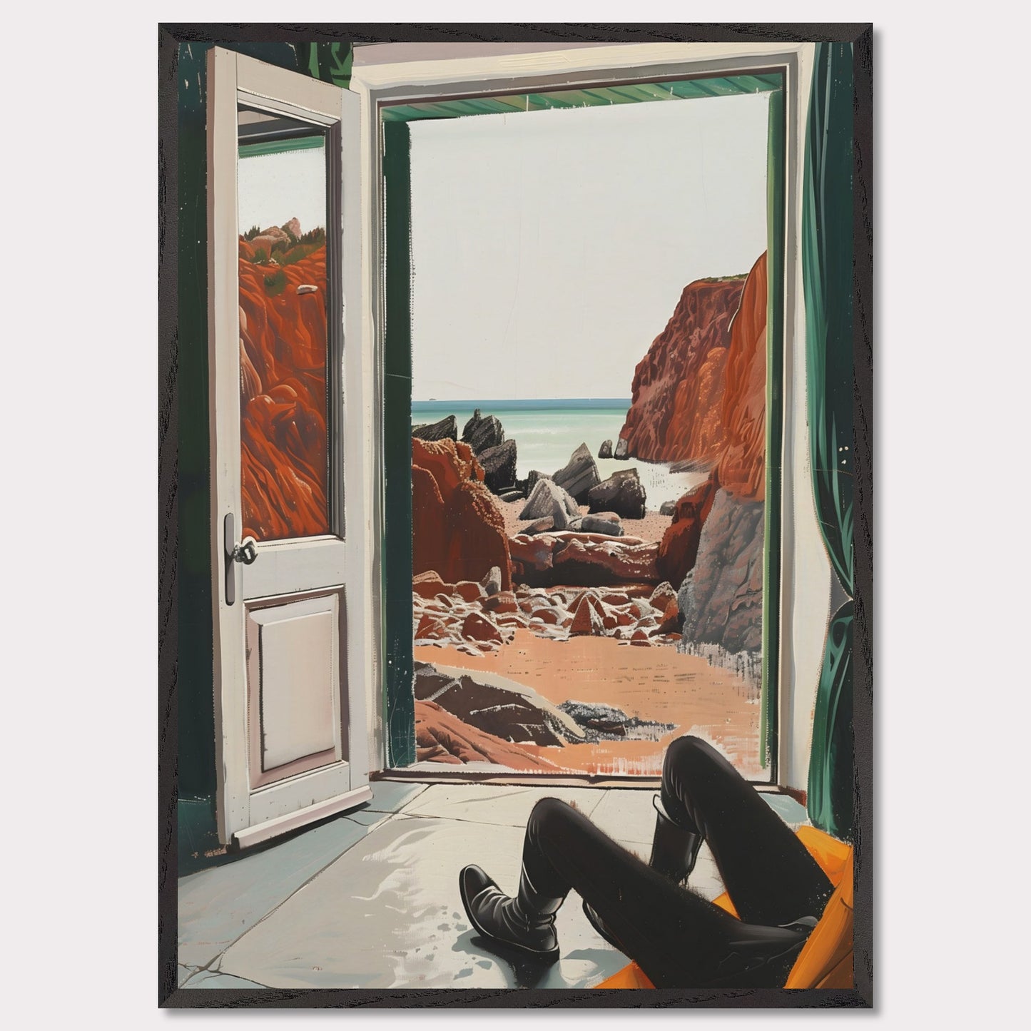 This image captures a serene view of a rocky beach through an open door. The scene is framed by the interior of a room where a person is seated, legs stretched out, possibly relaxing and enjoying the view.