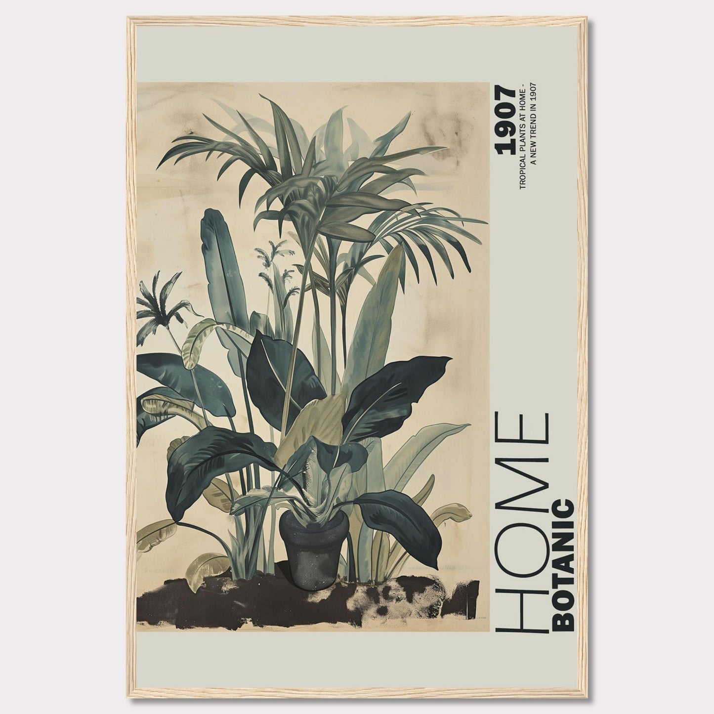 This image features a beautifully framed botanical art print showcasing lush tropical plants. The artwork has a vintage feel with muted green tones and intricate leaf details, giving it a timeless aesthetic. The text "HOME BOTANIC" and "1907" adds a touch of classic elegance to the piece.