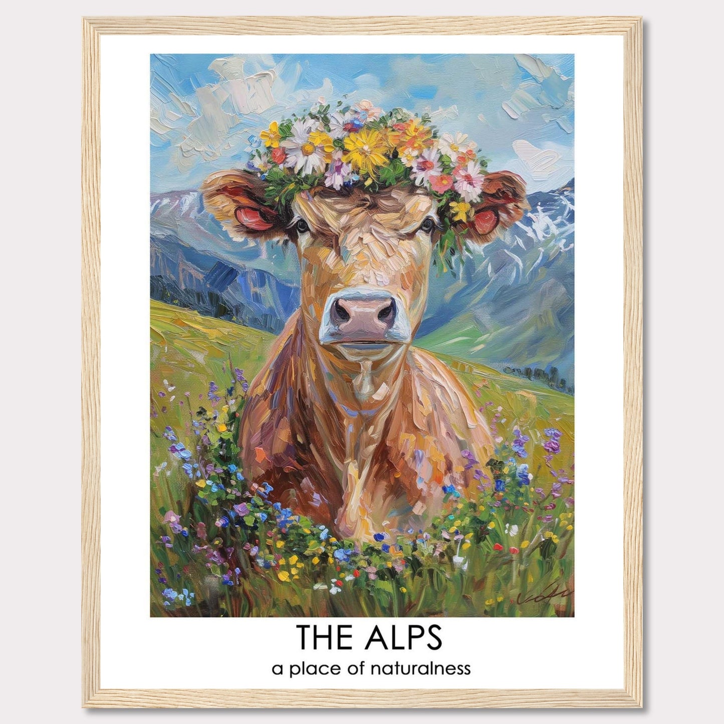 This vibrant artwork depicts a cow adorned with a colorful flower crown, set against the stunning backdrop of the Alps. The painting captures the essence of natural beauty and tranquility.