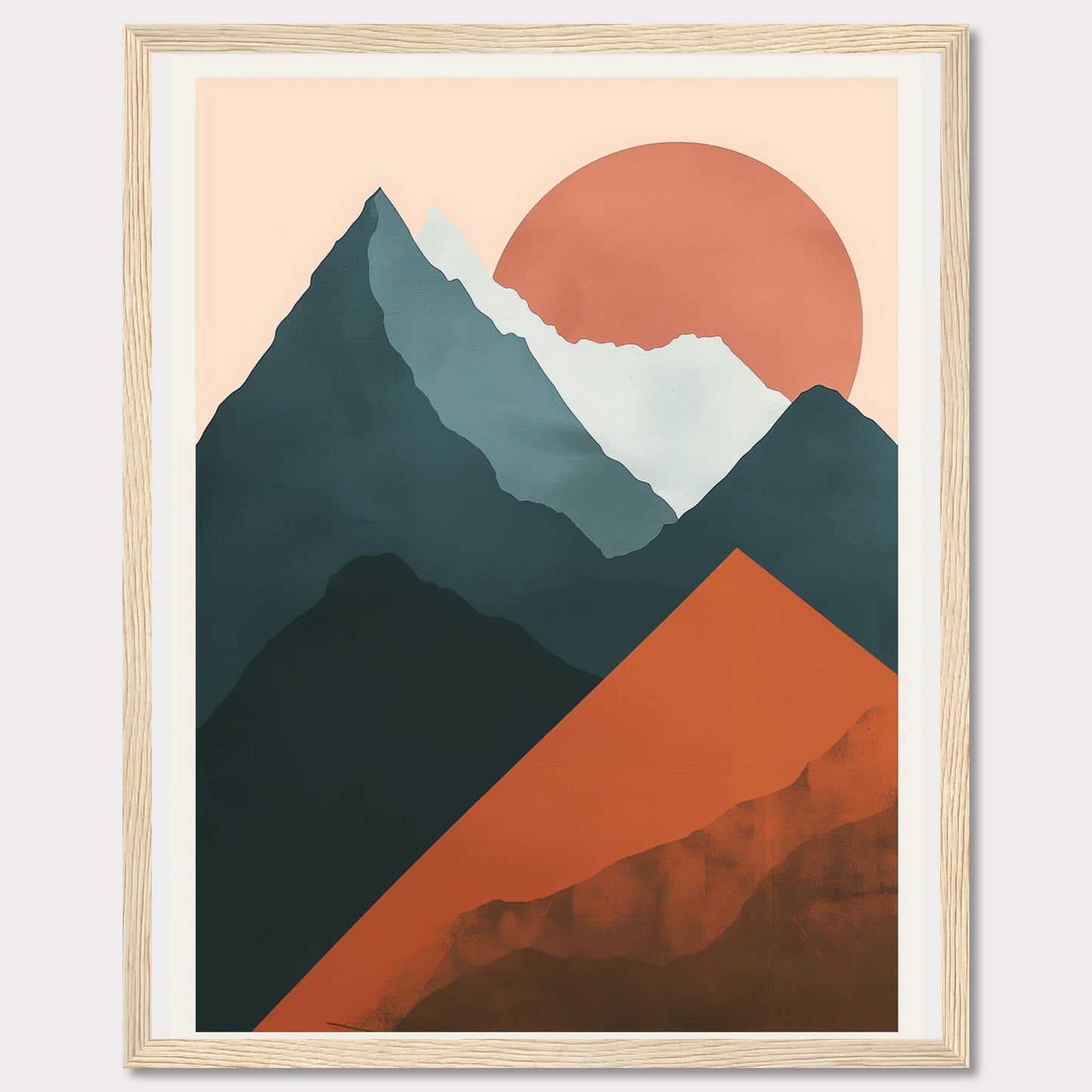 This is a modern, abstract art print featuring a mountain landscape with a large sun setting in the background. The artwork uses bold, contrasting colors to create a striking visual impact.