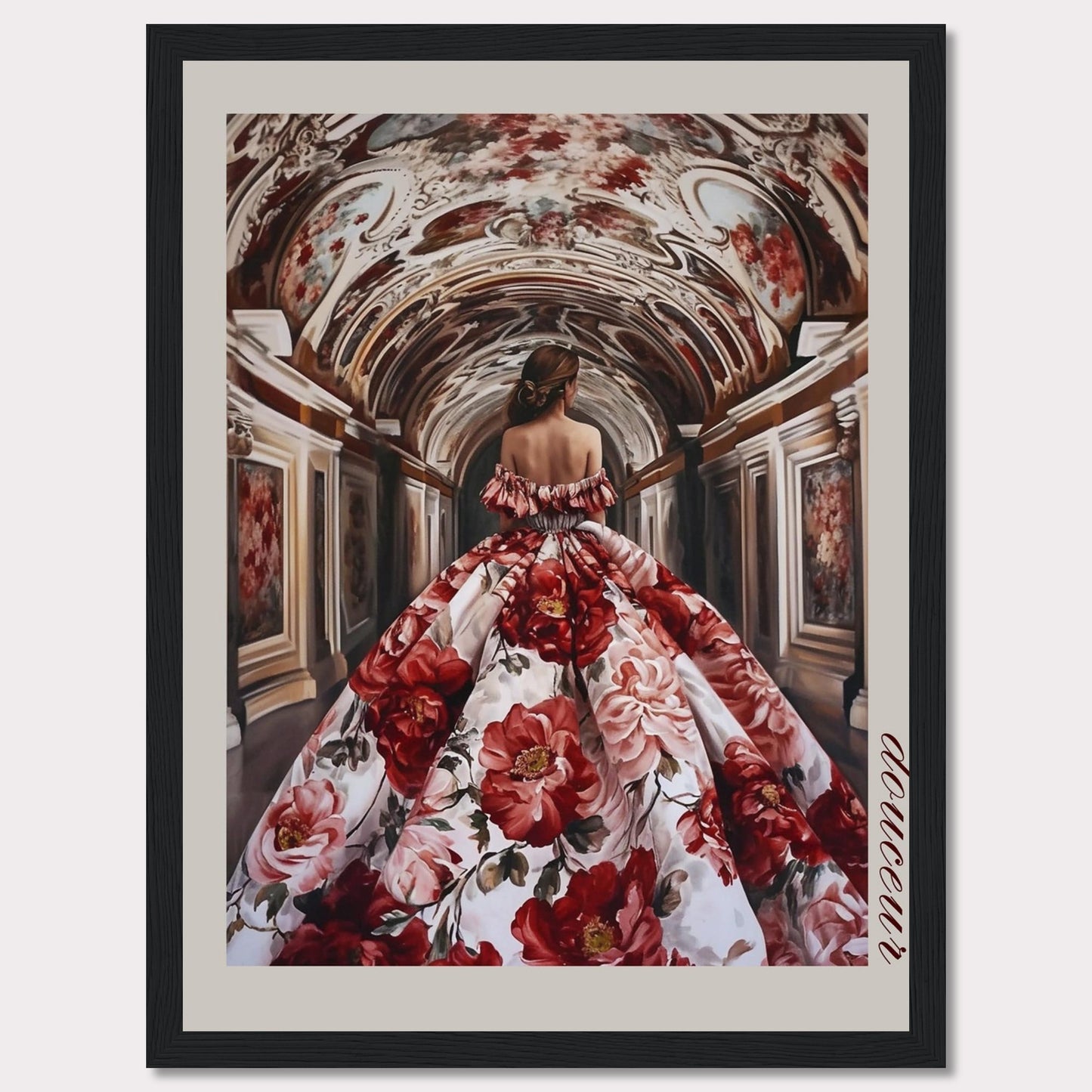 This stunning artwork features a woman in an opulent floral gown walking through an intricately decorated corridor. The scene exudes elegance and grandeur, capturing a moment of timeless beauty.