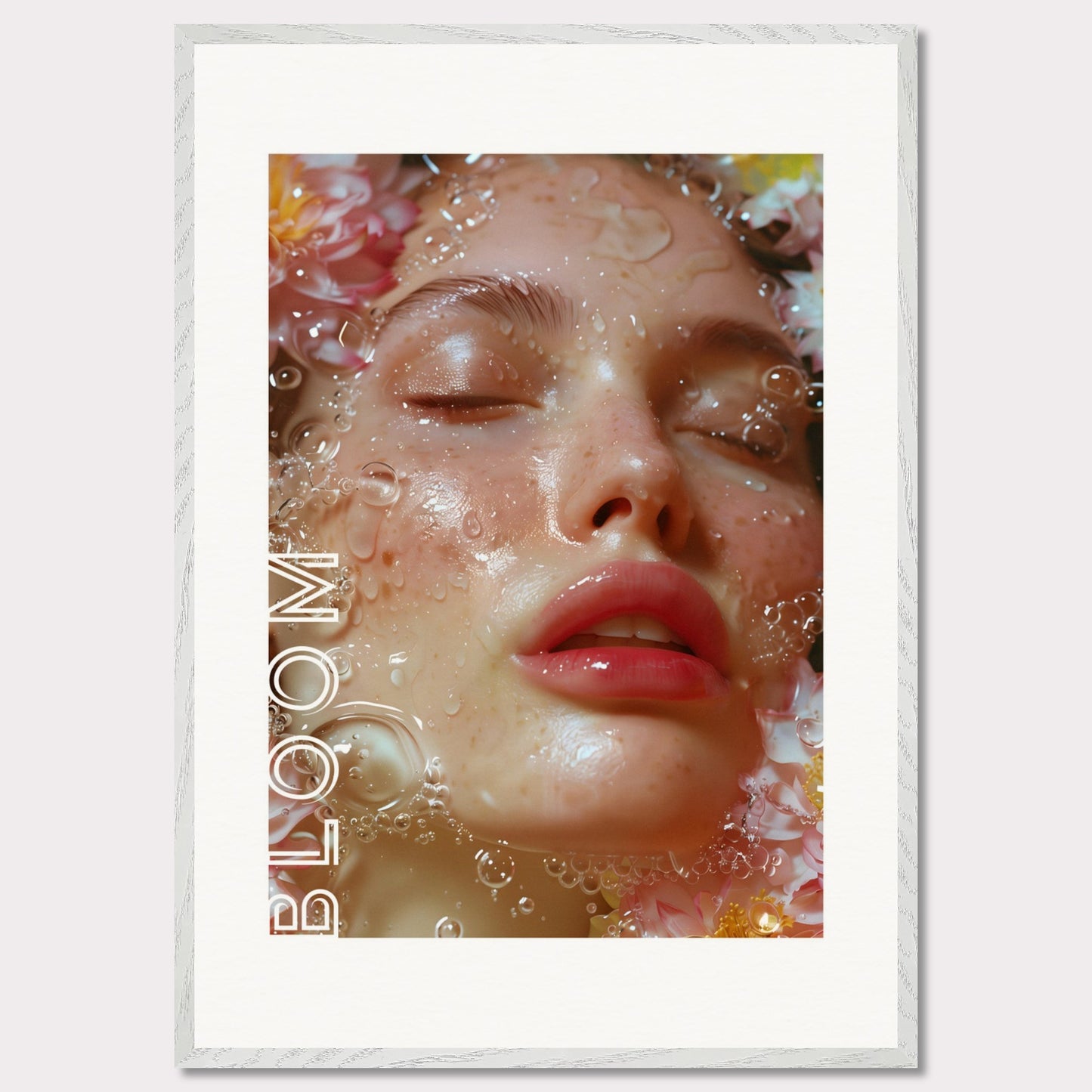 This illustration features a close-up of a serene face with closed eyes, surrounded by water droplets and flowers. The word "BLOOM" is prominently displayed along the left side.

Where this poster will fit: This poster would be ideal for a bedroom, living room, or beauty salon.
