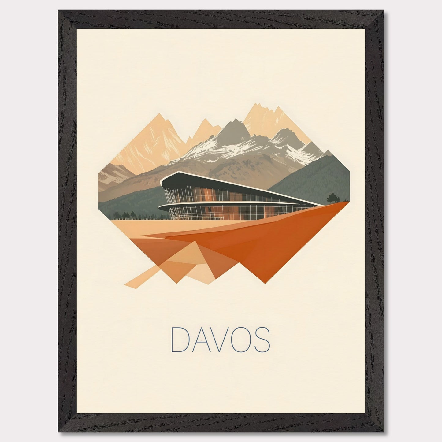 A visually striking poster featuring Davos’ futuristic architecture, integrated into an angular, geometric design. The sharp lines and warm earth tones contrast with the cool mountain backdrop, creating a bold, dynamic effect.