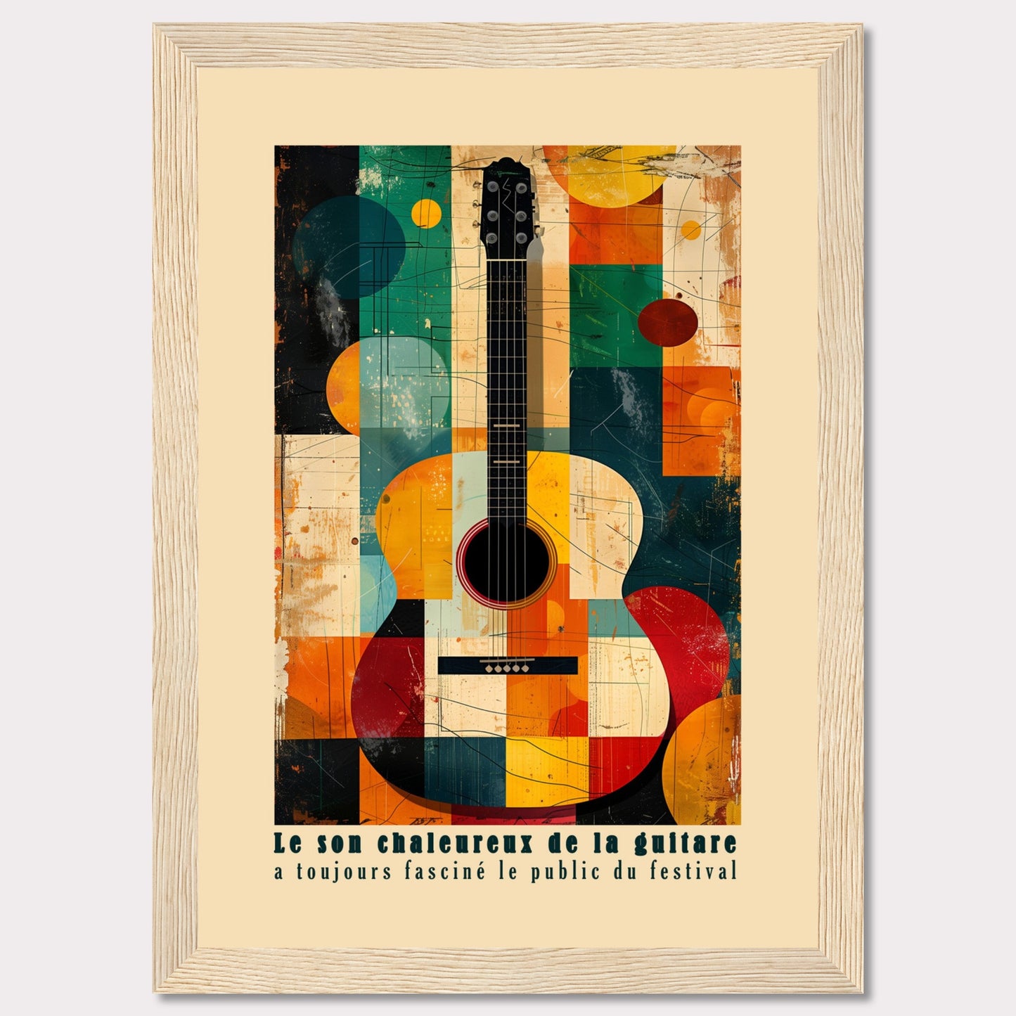 This vibrant artwork features an abstract depiction of an acoustic guitar, blending geometric shapes and bold colors. The French text at the bottom reads, "Le son chaleureux de la guitare a toujours fasciné le public du festival," which translates to "The warm sound of the guitar has always fascinated the festival audience."