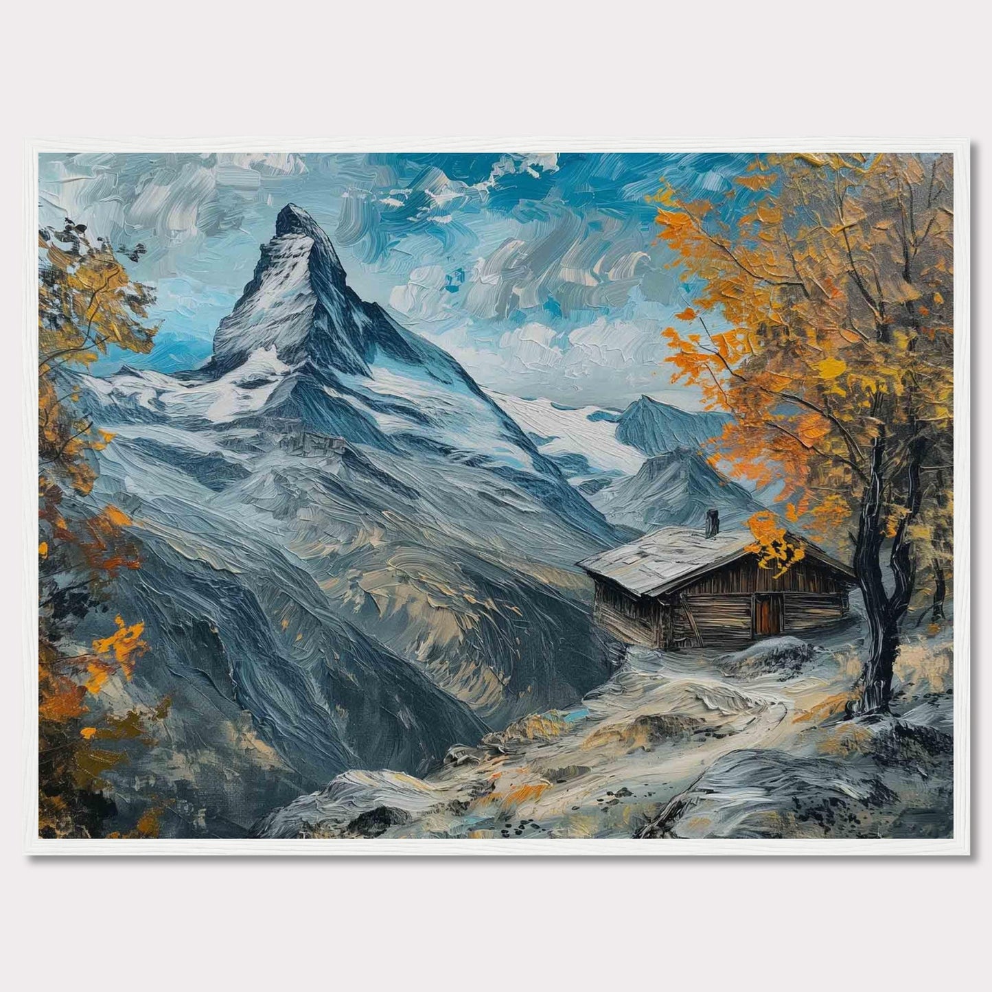 This stunning painting captures a serene mountain landscape with a quaint cabin nestled among the snow-covered peaks. The vibrant autumn foliage adds a splash of color against the majestic backdrop of towering mountains and a clear blue sky.