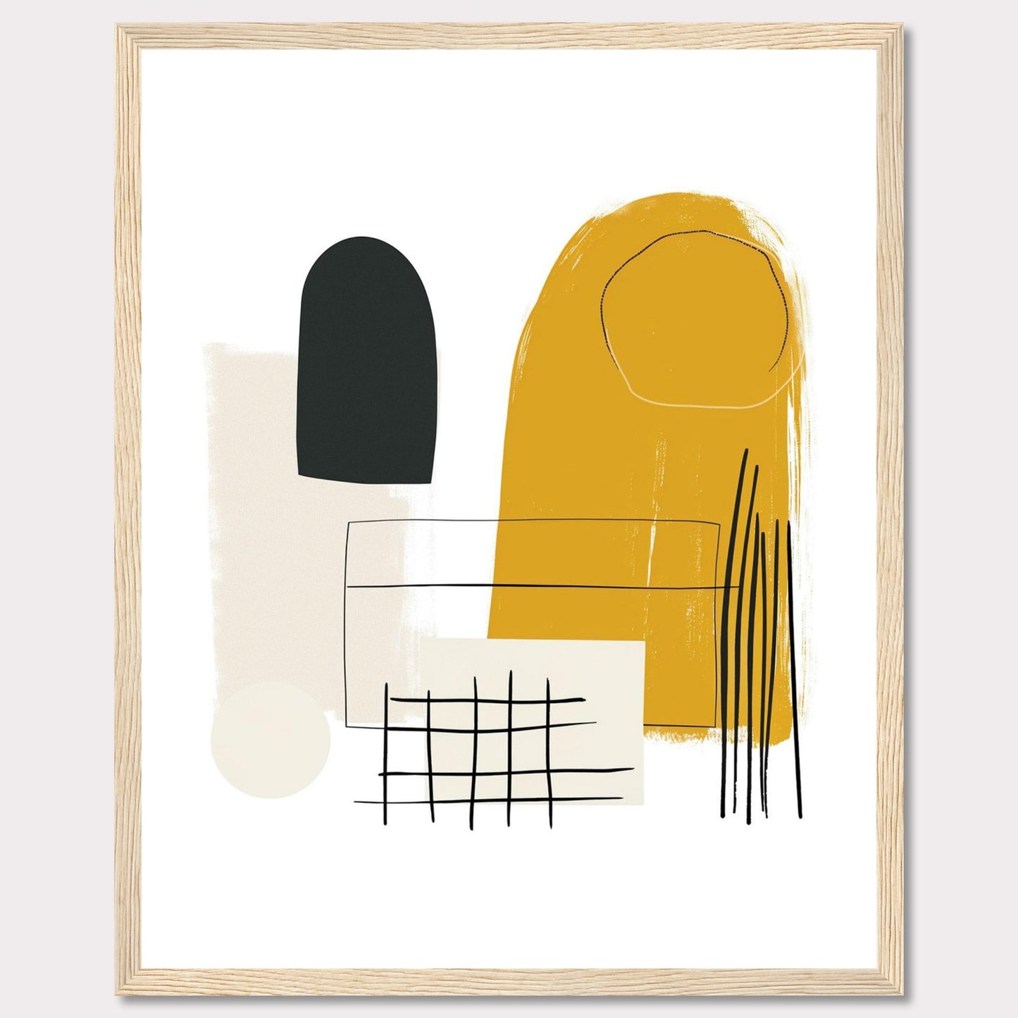 This image showcases a modern abstract art print featuring a combination of geometric shapes and lines in a minimalist style. The artwork includes a prominent mustard yellow shape, a black oval form, a beige rectangle, a grid pattern, and several vertical lines.