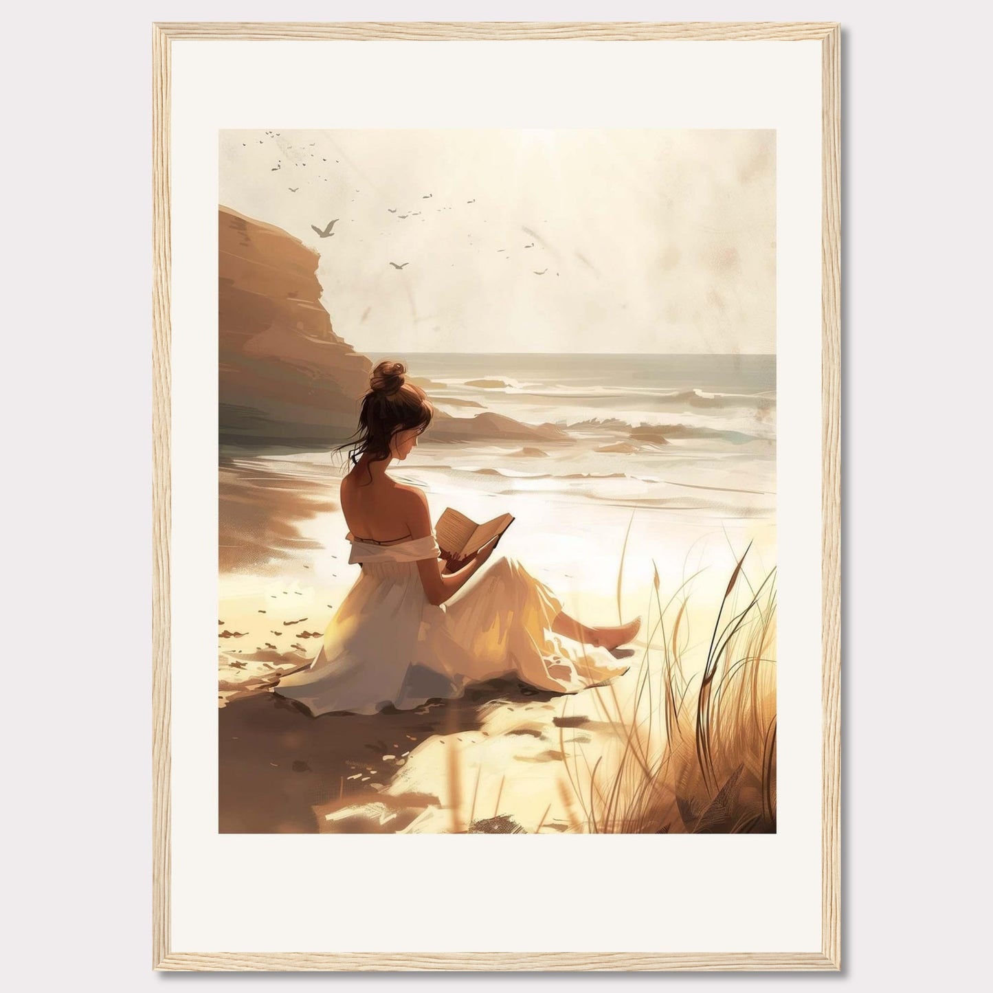 This serene artwork depicts a woman in a white dress sitting on a sandy beach, engrossed in a book. The sun casts a warm golden glow over the scene, enhancing the tranquil atmosphere. In the background, waves gently crash against the shore, and birds soar in the sky.