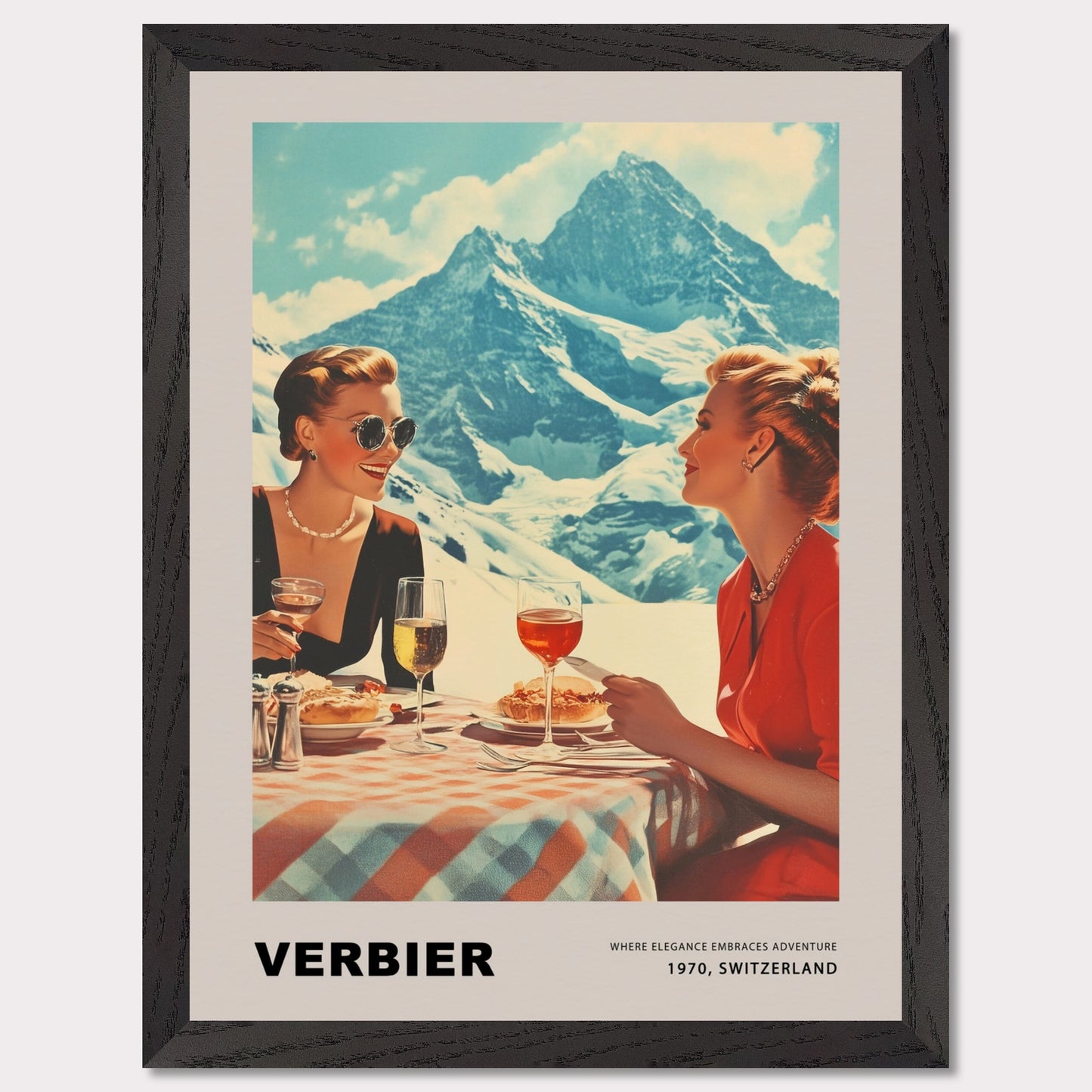 This glamorous poster showcases the refined charm of Verbier, featuring two elegantly dressed women enjoying an alfresco meal with breathtaking alpine peaks as their backdrop. The scene embodies a perfect blend of sophistication and adventure, inviting viewers to savor the unique allure of this Swiss ski destination.