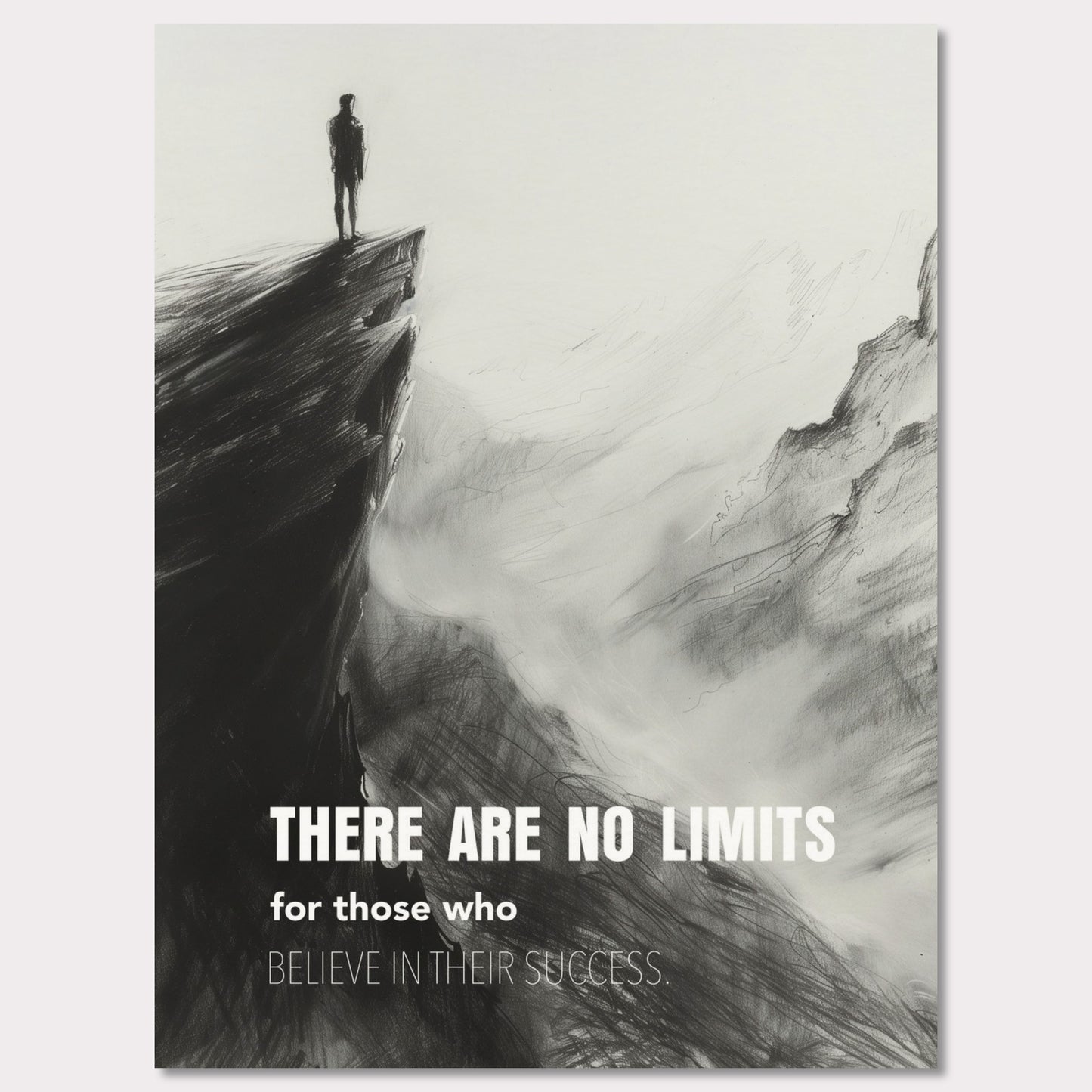 This image depicts a person standing at the edge of a cliff, looking out over a vast, foggy landscape. The scene is rendered in black and white, giving it a dramatic and contemplative feel. The text on the image reads: "There are no limits for those who believe in their success."