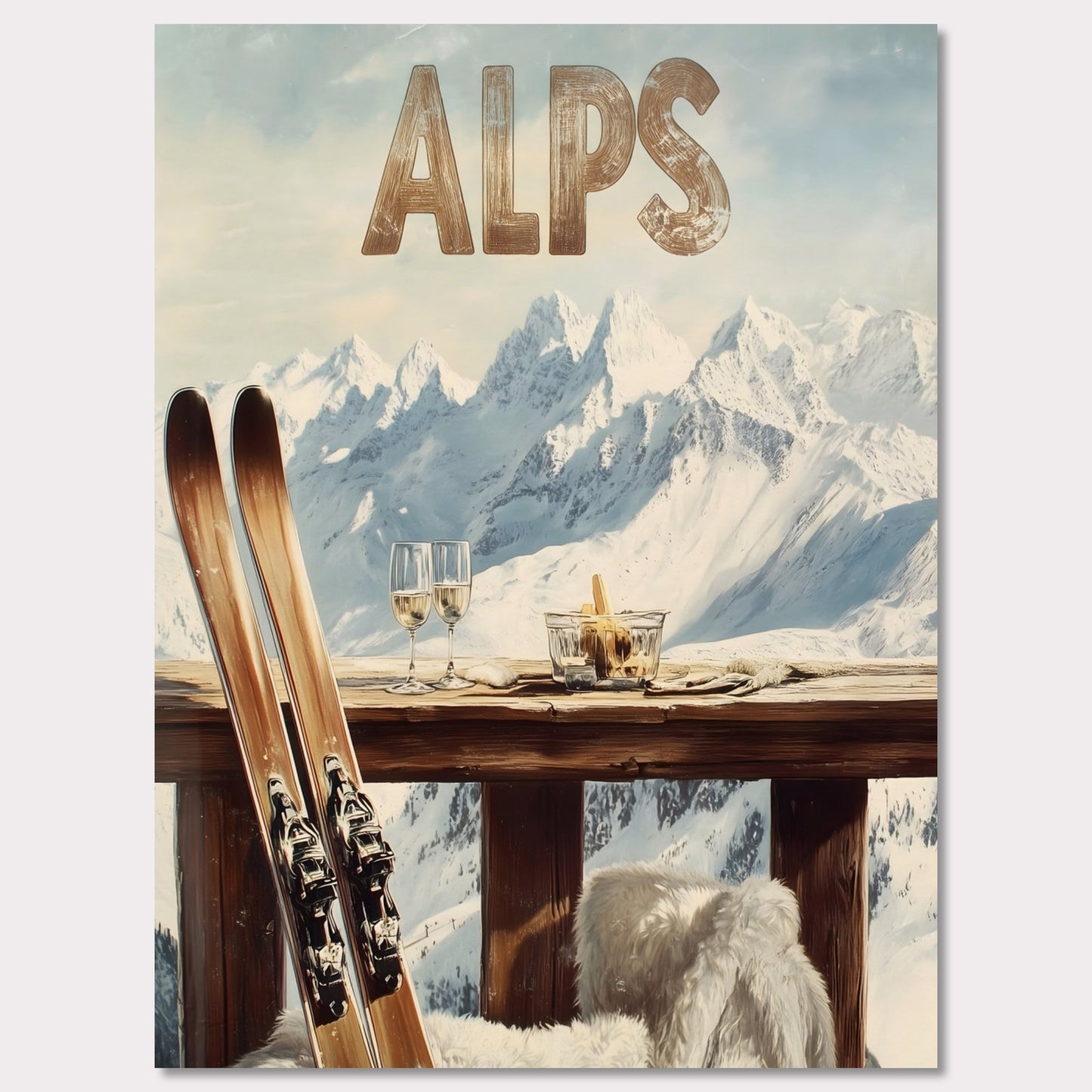 This vibrant poster captures the charm of après-ski culture with a rustic wooden terrace overlooking snow-covered mountains. The warm textures of fur throws and the elegant wine glasses create an inviting post-ski ambiance.