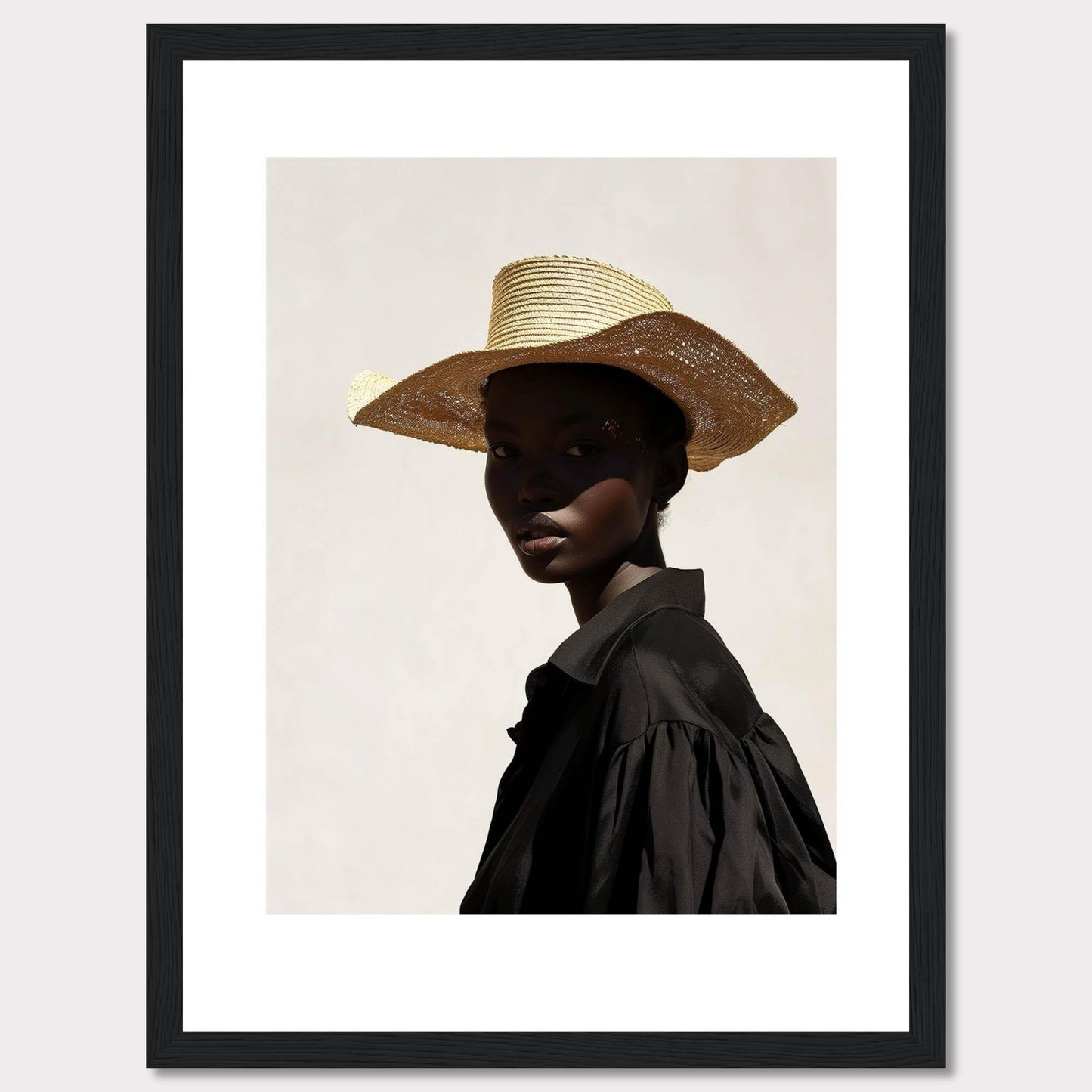 This striking portrait features a person wearing a wide-brimmed straw hat and a black outfit, set against a minimalist light background. The play of light and shadow adds depth and intrigue to the image.