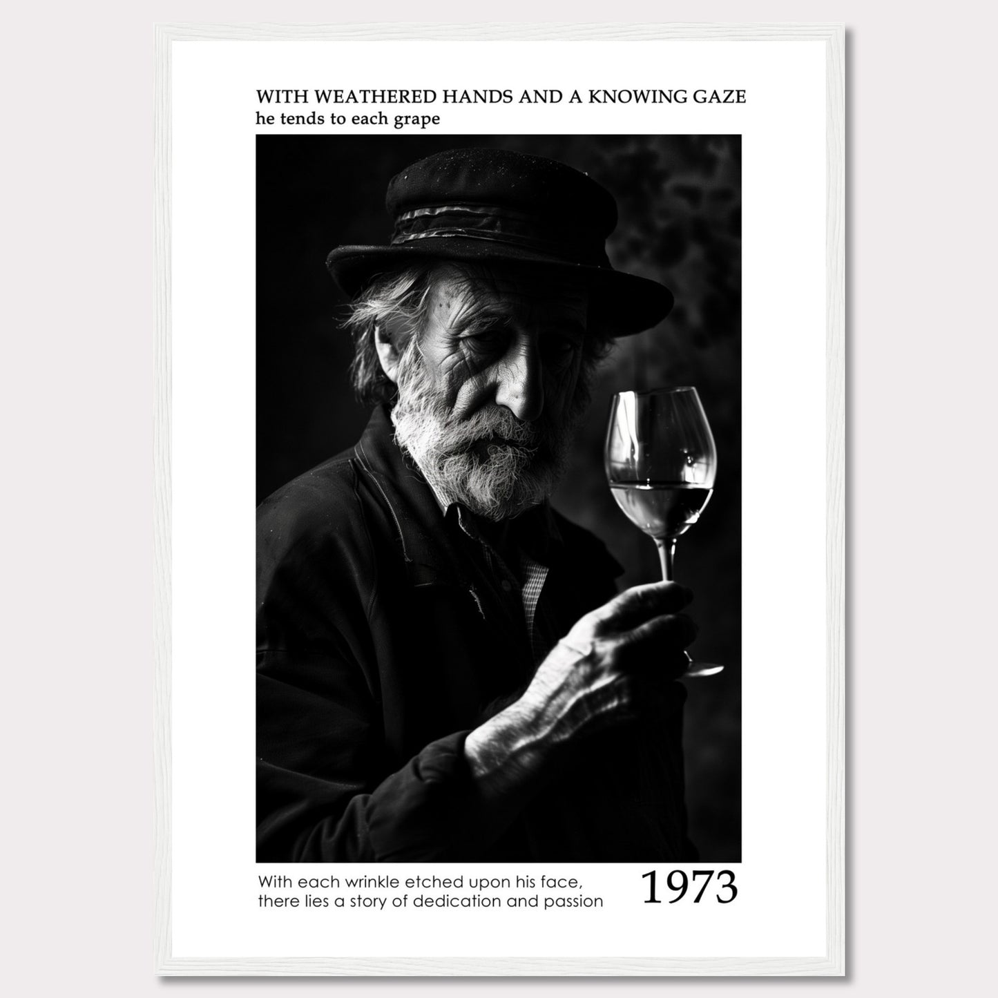 This evocative black-and-white photograph captures an elderly man with a weathered face, holding a glass of wine. His thoughtful gaze and the detailed wrinkles on his face tell a story of dedication and passion. The text accompanying the image reads: "With weathered hands and a knowing gaze he tends to each grape. With each wrinkle etched upon his face, there lies a story of dedication and passion." The year 1973 is prominently displayed.