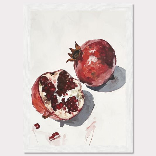 This captivating artwork features a detailed painting of two pomegranates, one whole and one halved, showcasing the vibrant red seeds. The minimalist background highlights the rich colors and textures of the fruit, making it a striking piece for any space.