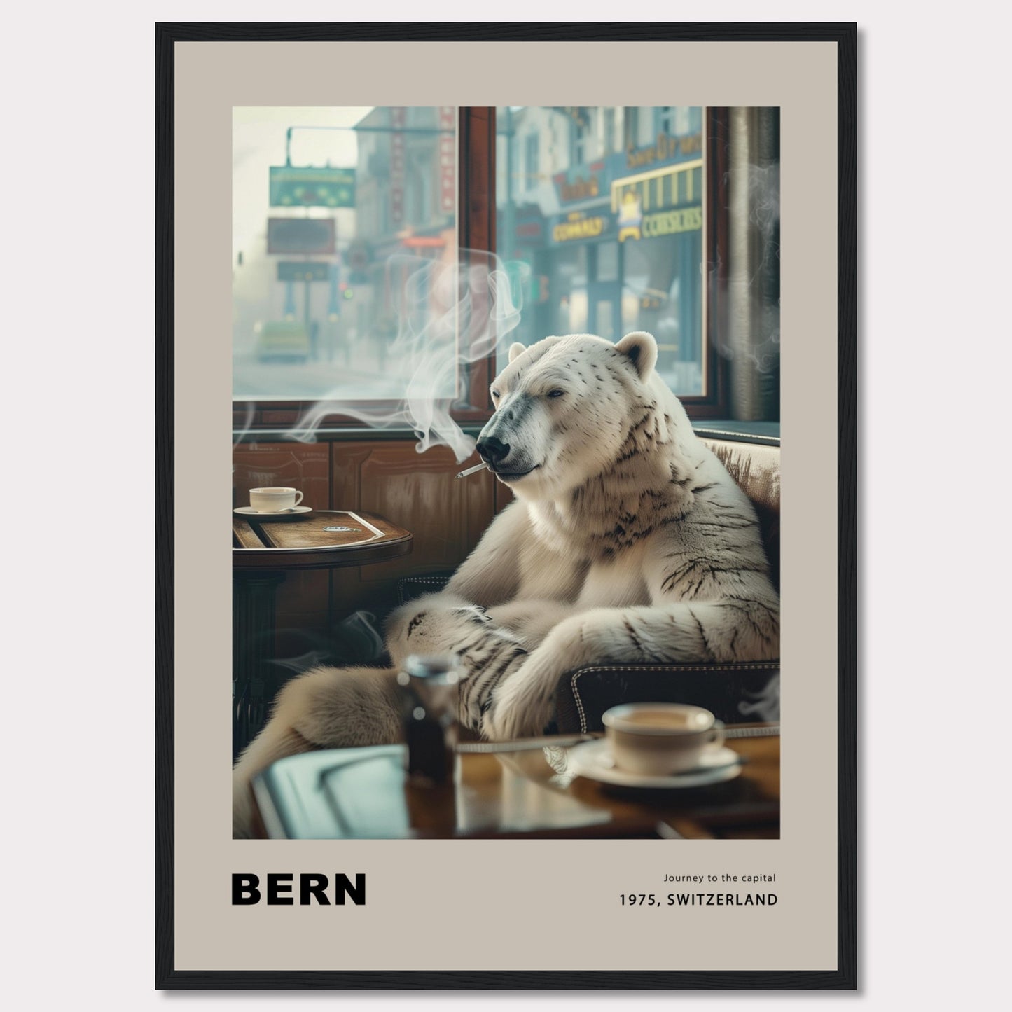 This intriguing poster features a polar bear sitting comfortably in a café, smoking a cigarette. The scene is set against a backdrop of a bustling city street, with shops and signs visible through the window. A cup of coffee sits on the table in front of the bear, adding to the relaxed atmosphere. The text at the bottom reads "BERN" with the caption "Journey to the capital, 1975, Switzerland."