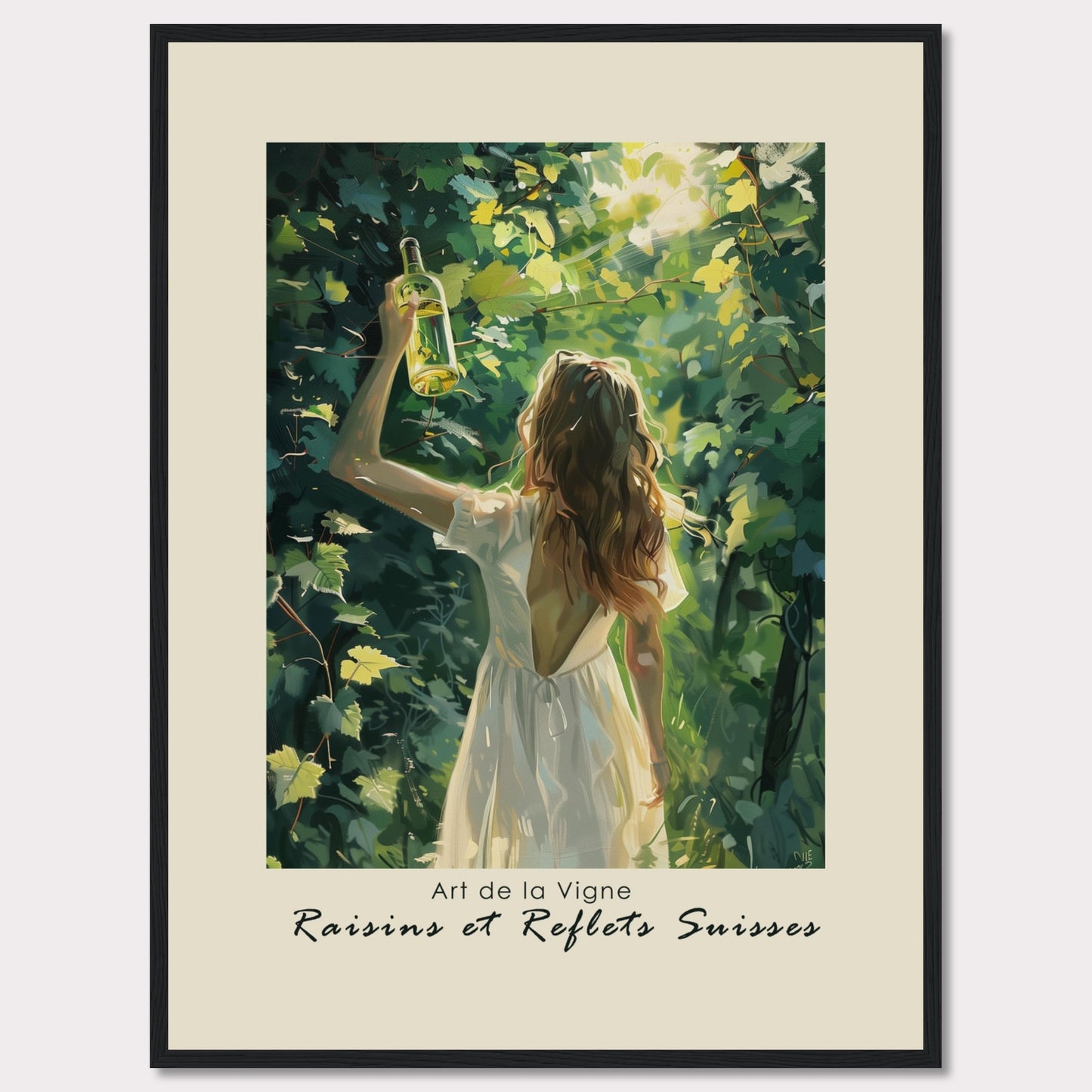 This captivating artwork titled "Art de la Vigne" showcases a woman in a white dress holding up a bottle of wine amidst lush green vines, with sunlight filtering through the leaves. The scene exudes a sense of tranquility and connection with nature.