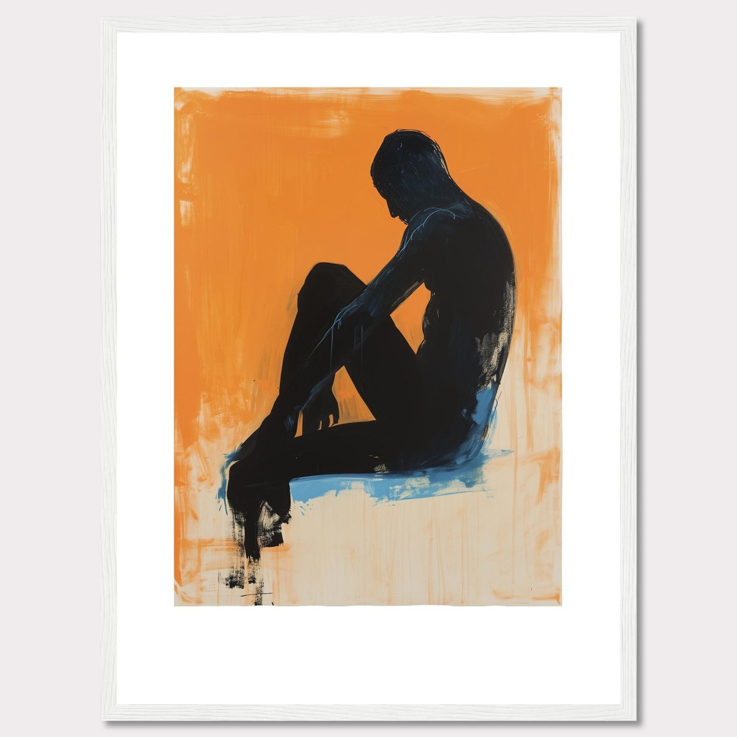 This striking artwork features a silhouette of a seated figure against a vibrant orange background, creating a powerful contrast. The figure is painted in dark tones with hints of blue, adding depth and emotion to the piece.