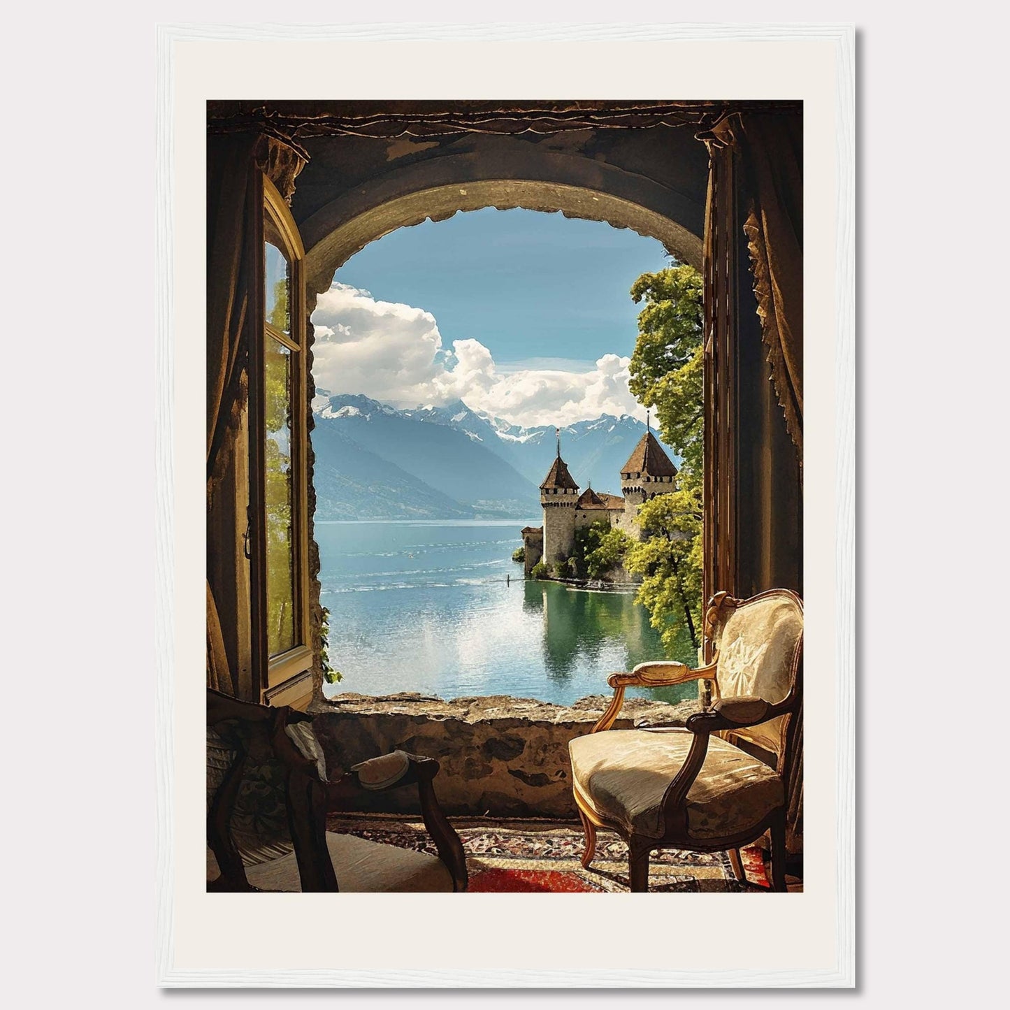 This stunning framed artwork captures a breathtaking view through an arched window, revealing a serene lake with a majestic castle and snow-capped mountains in the background. The cozy interior with antique chairs adds a touch of warmth and elegance.