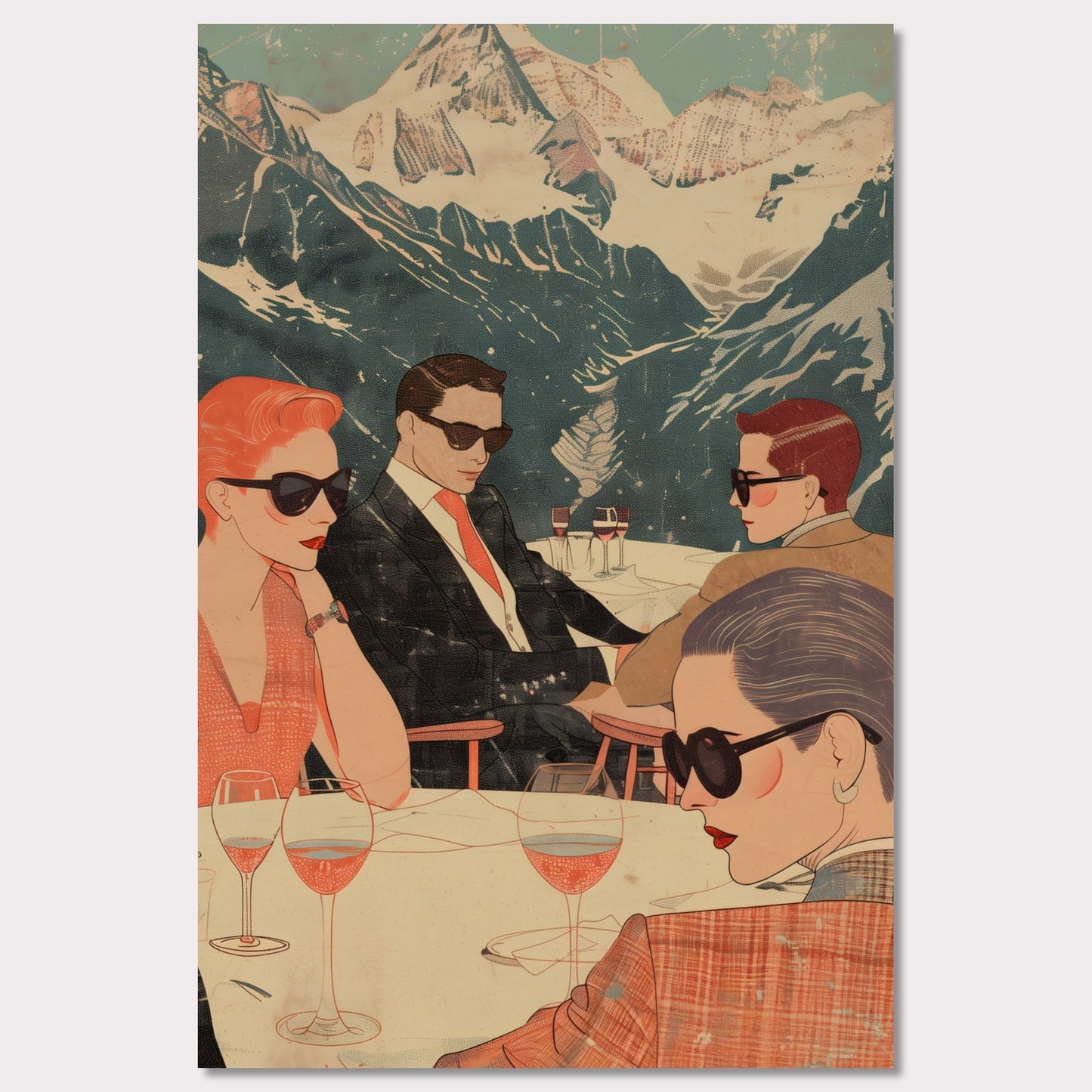 This captivating illustration depicts a stylish group of individuals enjoying a sophisticated gathering with a stunning mountain backdrop.  Four people wearing sunglasses Elegant attire Wine glasses on the table Snow-capped mountains in the background Serene outdoor setting