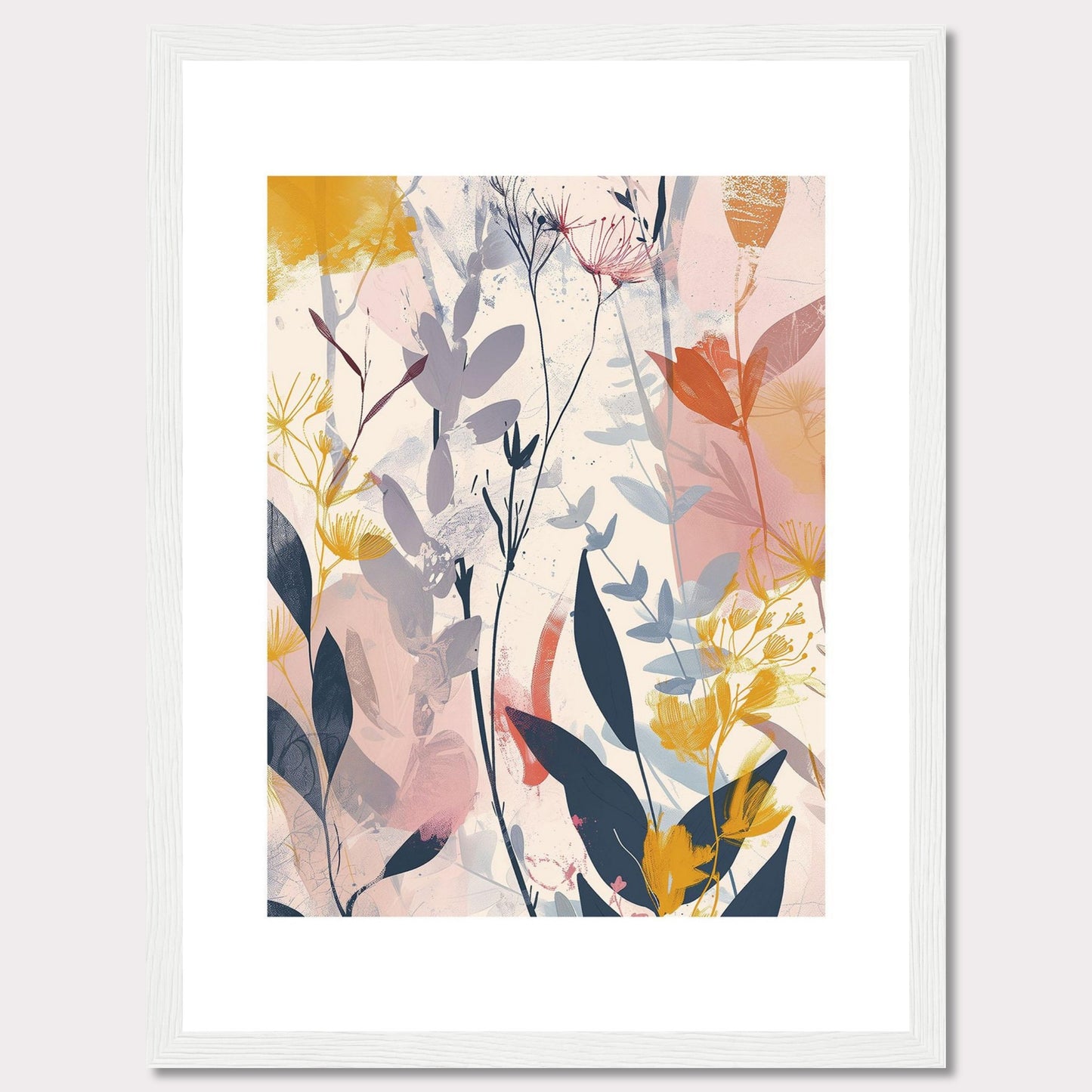 This image showcases a beautiful abstract botanical art print. It features a blend of soft and vibrant colors, depicting various plant forms and leaves.