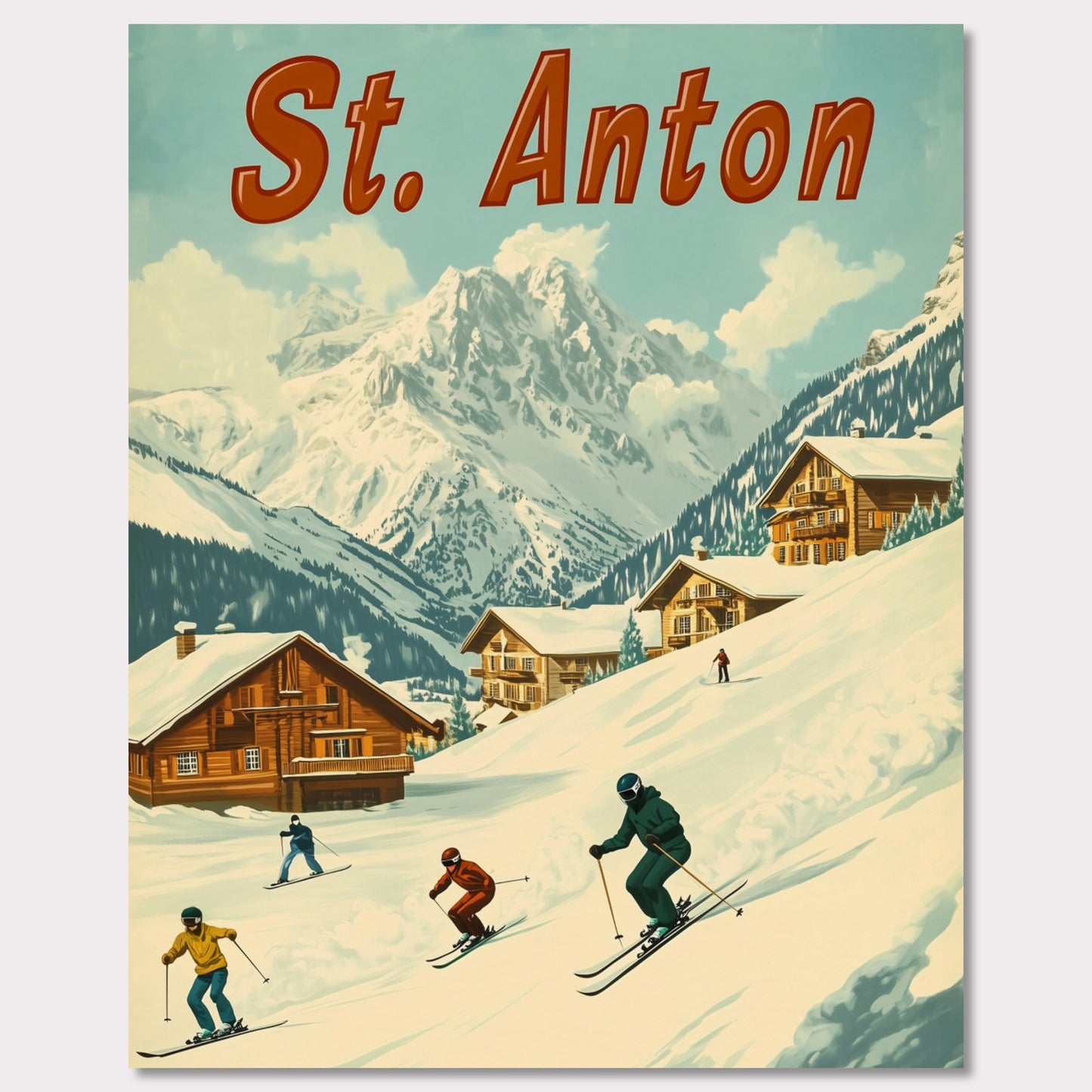 This vibrant retro-style poster captures the thrilling energy of skiing in St. Anton. The scene depicts skiers carving down the slopes, with picturesque alpine chalets nestled in the snow-covered hills and the majestic mountains towering in the background. The warm tones of the sky and the clean, crisp snow evoke the exhilarating experience of a winter sports haven. The bold retro typography adds a touch of nostalgia, perfectly highlighting the charm and adventure of St. Anton.